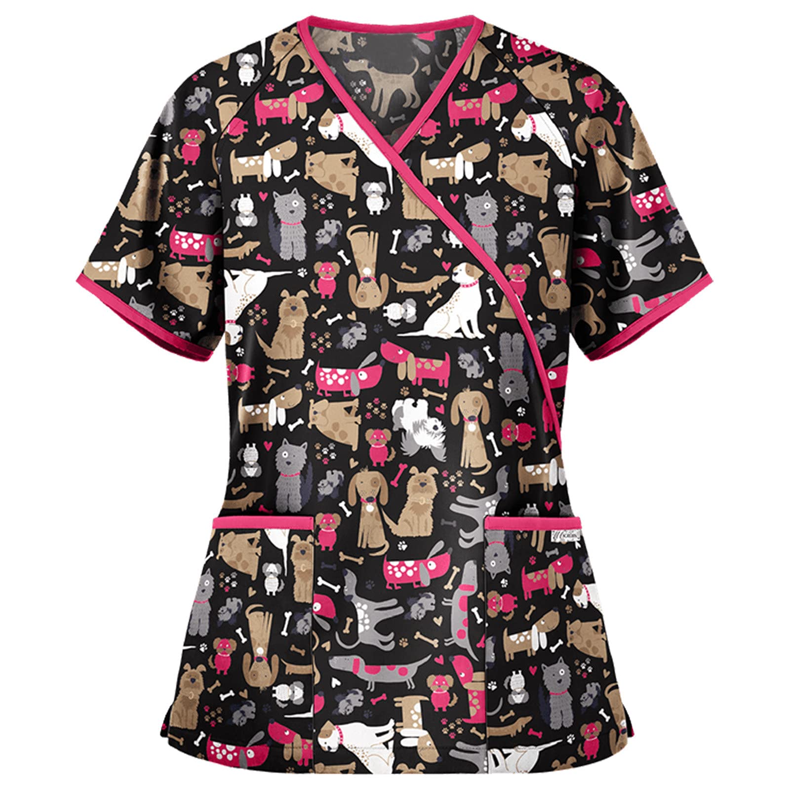 Cute Short Sleeve V-Neck Scrub Tops for Women - Printed Nursing Uniform Medical Shirt with Pockets | Comfortable Workwear for Nurses, Doctors & Healthcare Professionals