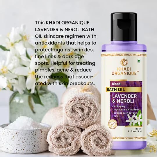 Khadi Organique Lavender & Neroli Bath Oil - 210ml | Natural Aromatherapy Relaxation Oil for Stress Relief & Sleep | Perfect for Spa Nights, Self-Care Rituals & Gift Giving