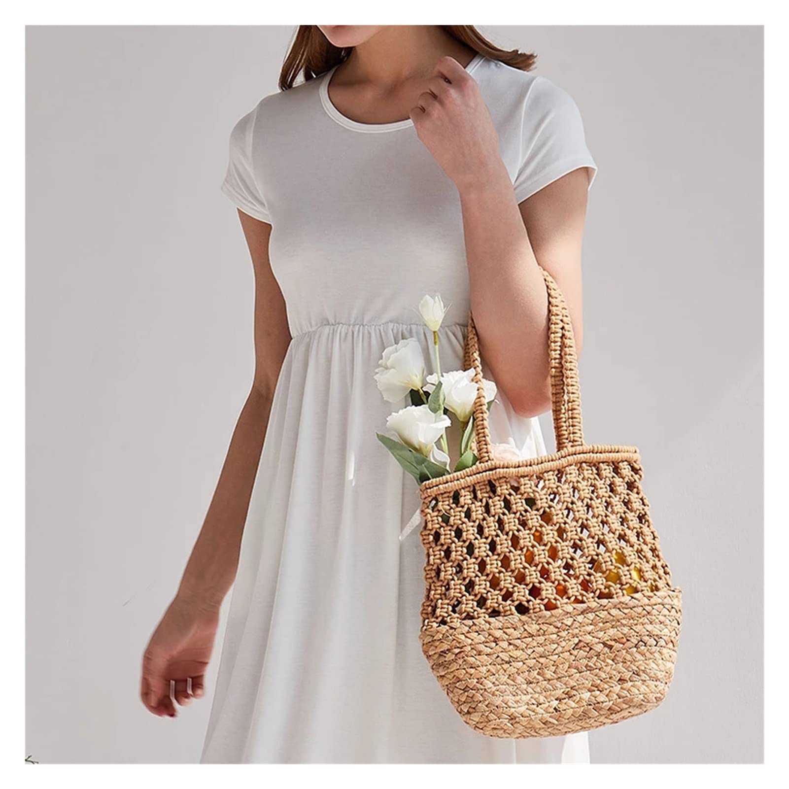 Women's Straw Weave Handbag - Fashionable Summer Shoulder Bag, Beach Tote, Small Bucket Purse (30x21cm) - Perfect for Beach Outings, Picnics, and Casual Shopping Trips