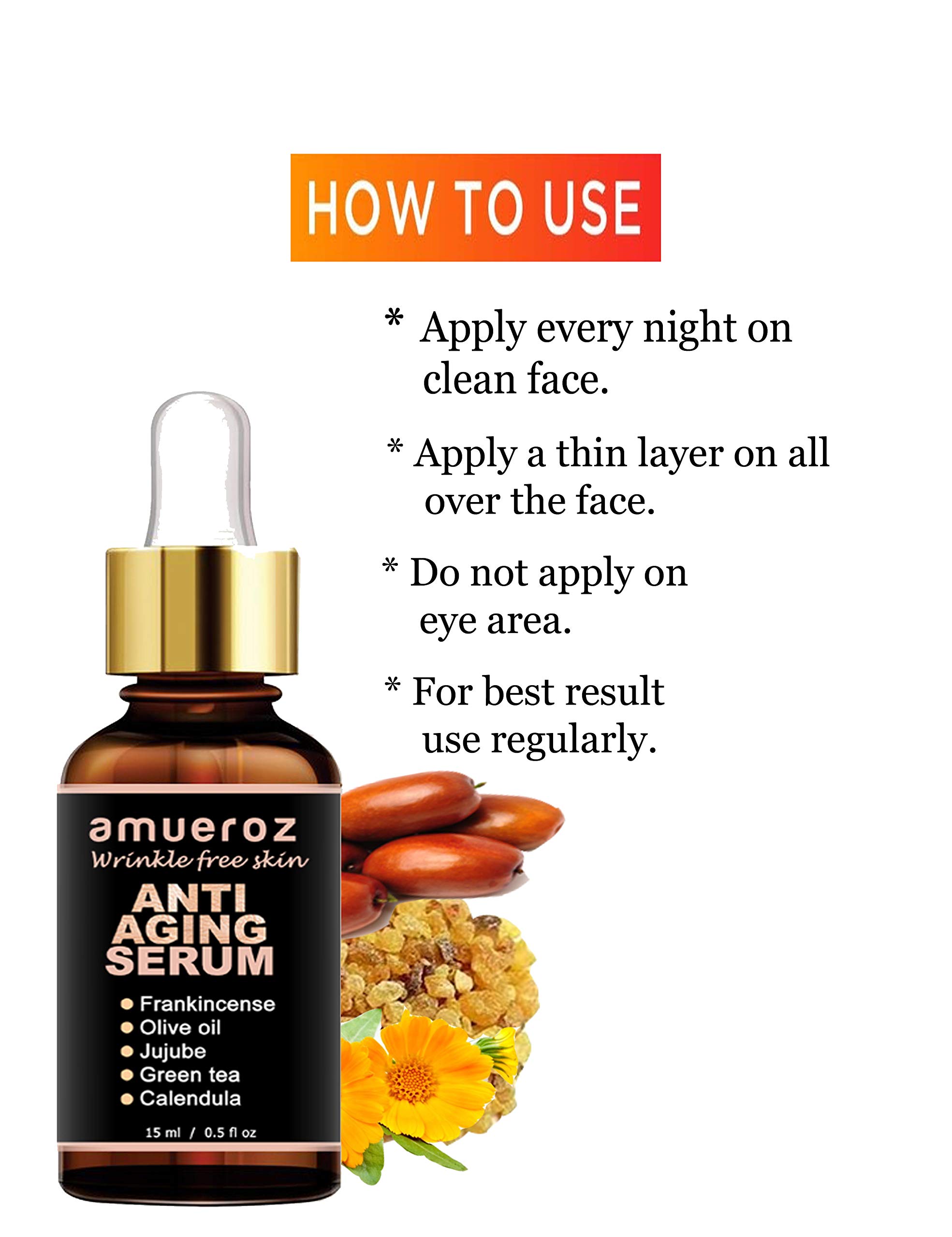 Amueroz 24K Gold Anti-Aging Serum – Deep Wrinkle Repair & Skin Brightening with Gotu Kola, Calendula, Jujube & Green Tea Extract – Reduces Acne & Fine Lines – 15ml – Perfect for Nighttime Skincare Routine & Daily Hydration