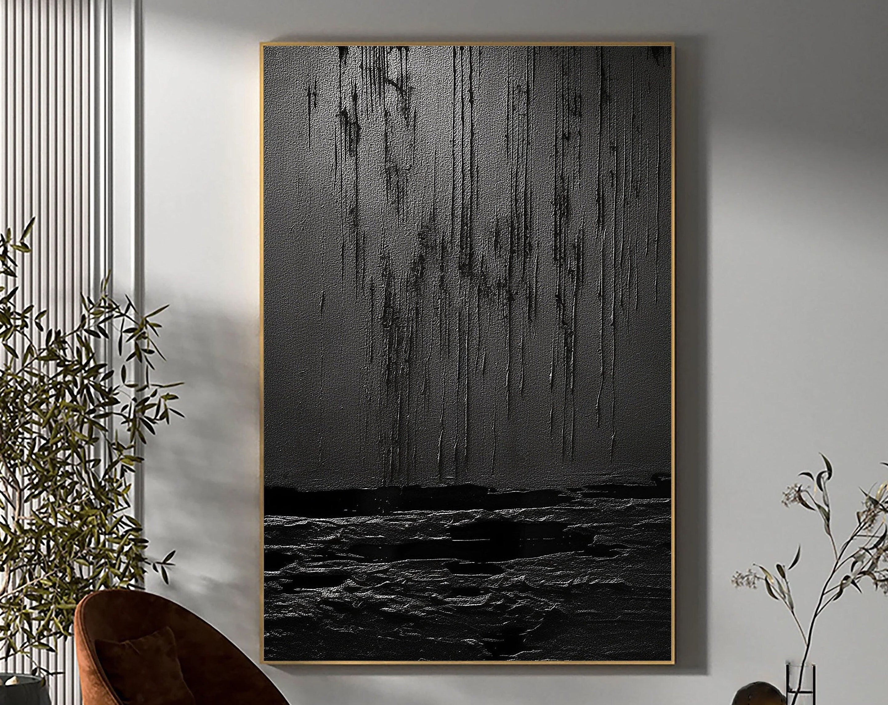 Black Minimalist Textured Painting Canvas - Modern Abstract Wall Art for Home & Office Decor - Perfect for Living Room, Bedroom, and Office Spaces