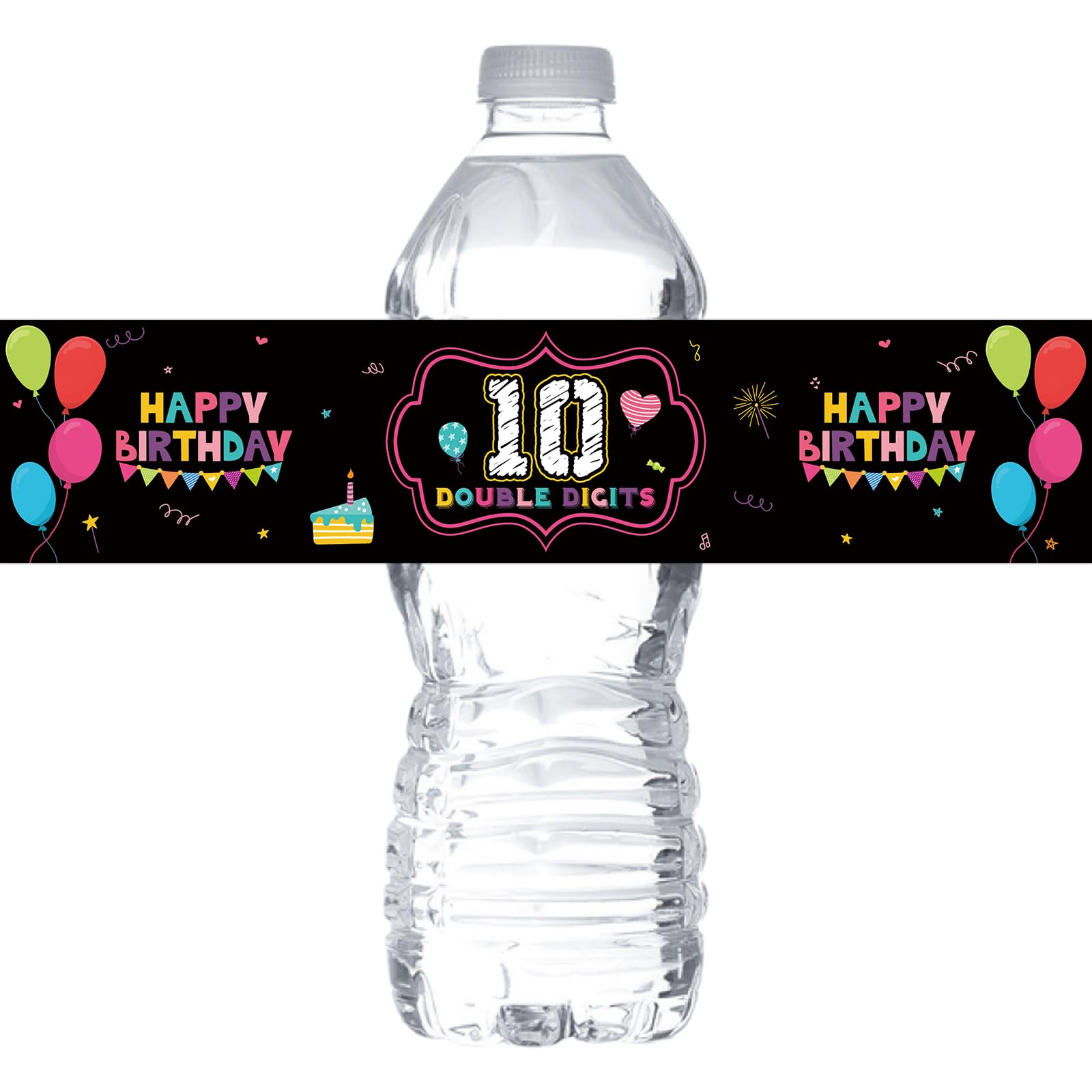 MonMon & Craft Double Digits 10 Water Bottle Labels Stickers - Happy 10th Birthday Party Decorations (Set of 32) - Perfect for Birthday Celebrations, School Events, and Baby Showers