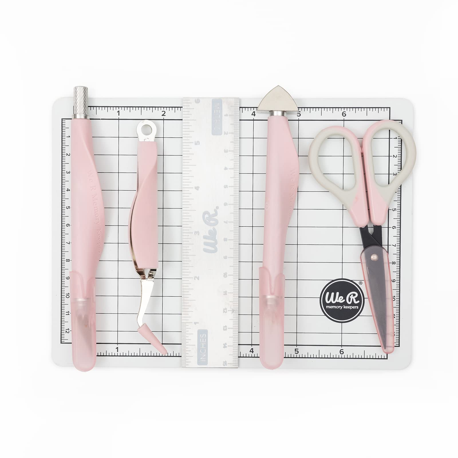 We R Memory Keepers Mini Tool Kit Pink - Includes Cutting Mat, Ruler, Scissors, Craft Knife, Tweezers, Brad Setter & Piercing Tool | Perfect for DIY Crafts, Scrapbooking, Journaling, Card Making & Home Decor Projects