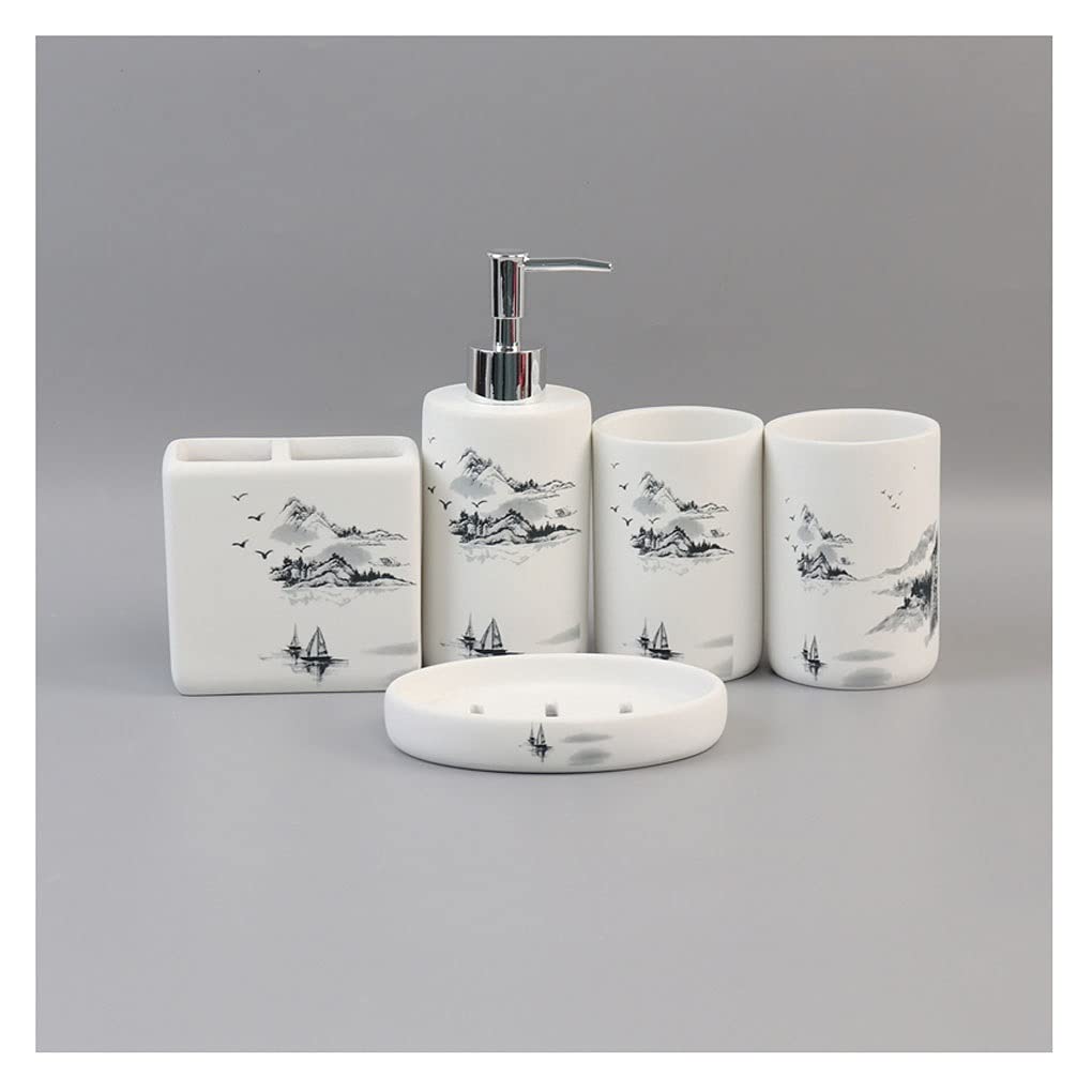 5-Piece Resin Bathroom Set - Soap Dispenser, Toothbrush Holder, Tumbler, Soap Dish & Tray for Hotel, Apartment & Home (White) | Modern Bathroom Accessories for Hand Soap & Essentials Organization