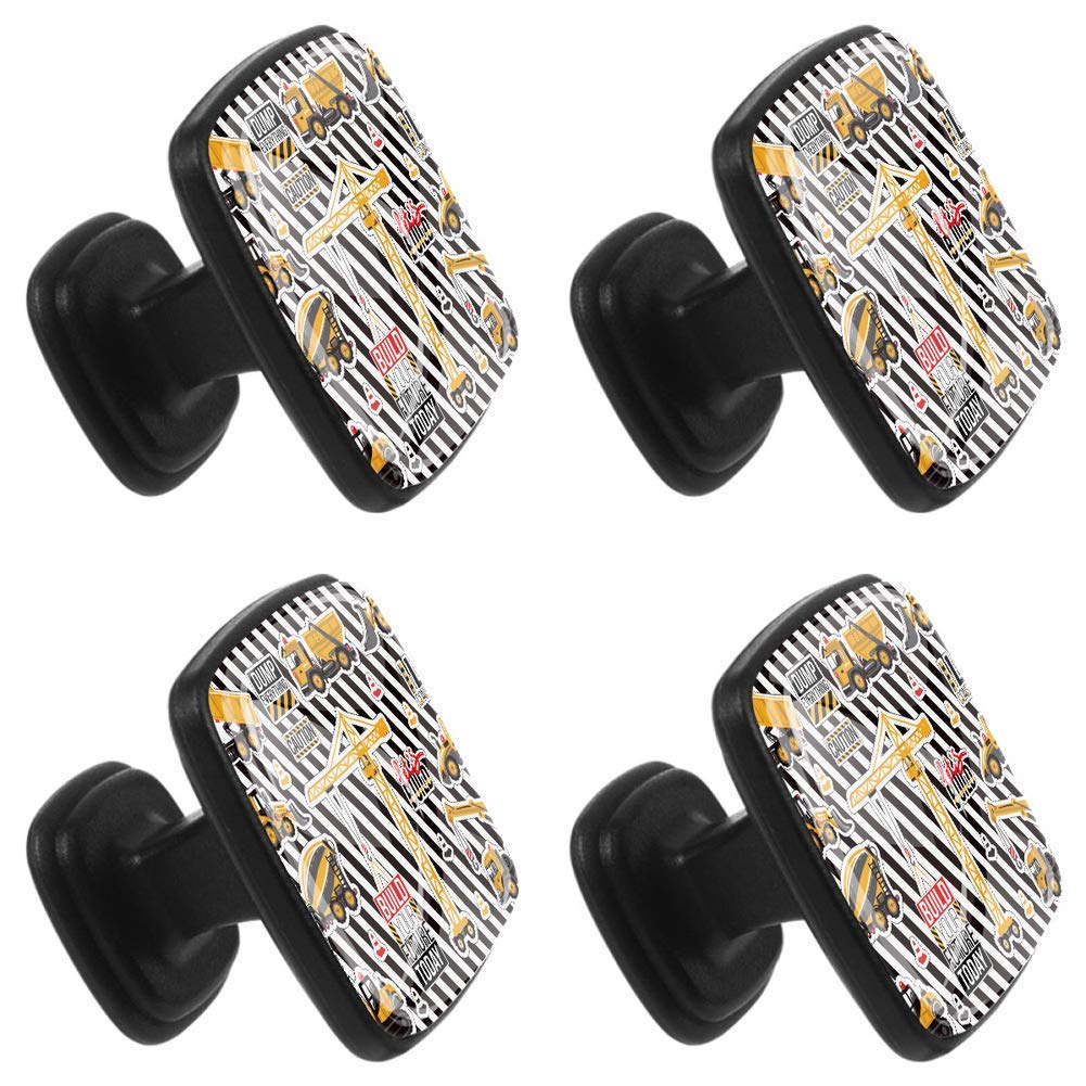 4 Pack Kids Construction Machinery Sticker Patch Drawer Pulls - Square Kitchen Cabinet Handles & Bathroom Cupboard Knobs for DIY Home Decor & Kids Room Upgrade