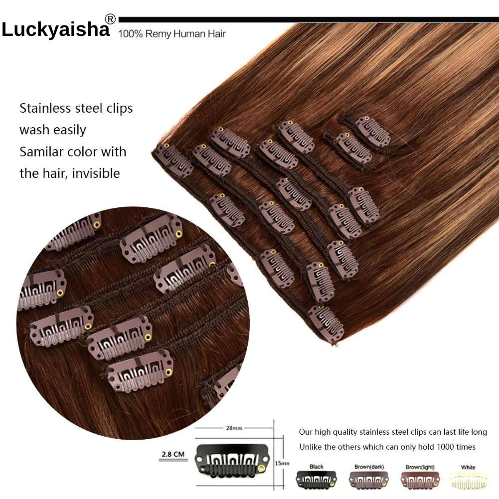 Clip in Hair Extensions 20 Inch Real Human Hair - 7pcs 120g Straight Thickened Extensions in Chocolate Brown Mixed Caramel Blonde #4/27/4 - Perfect for Daily Styling, Parties & Special Occasions