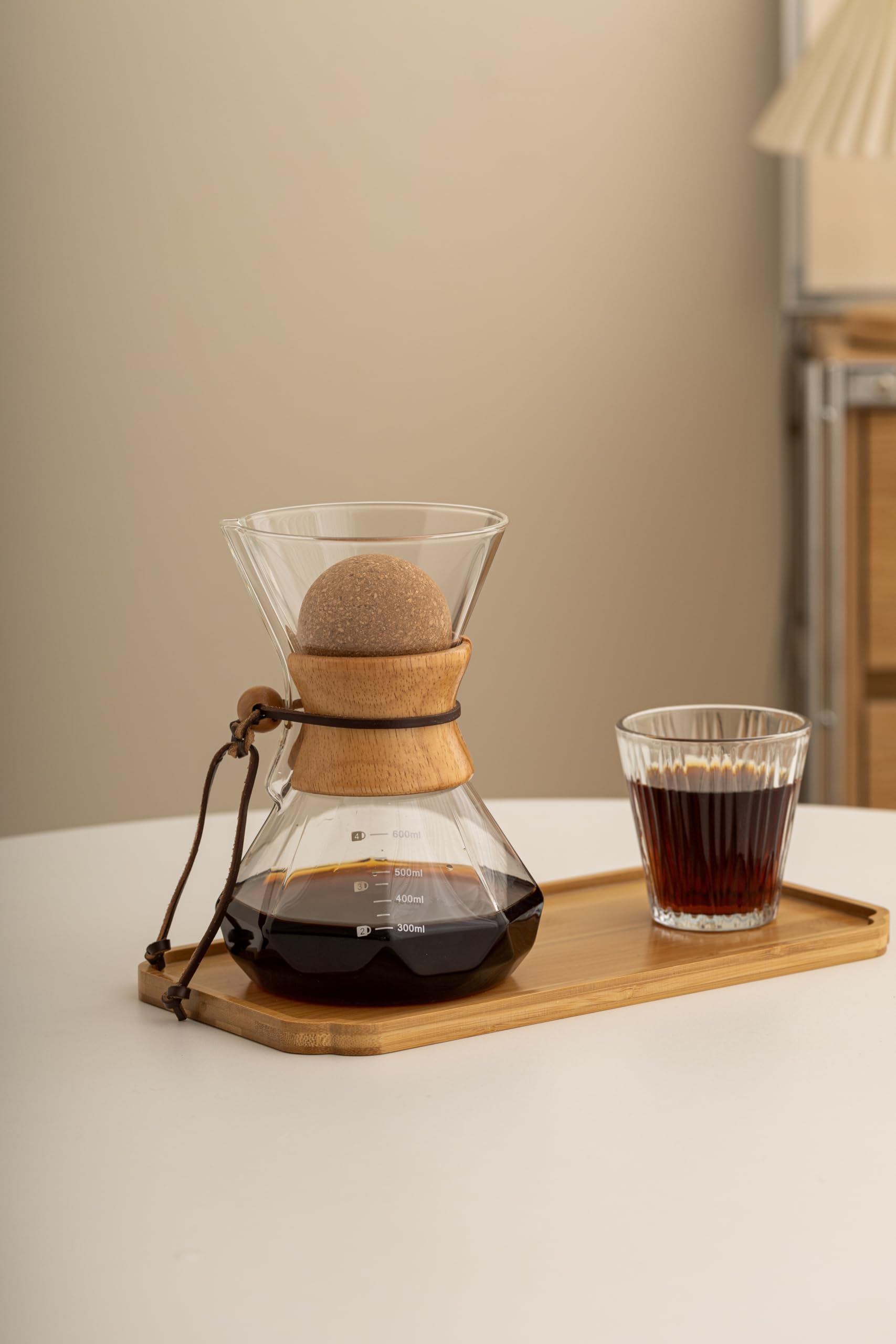 Premium Pour Over Coffee Maker with Wood Sleeve & Cork Stopper - 20oz/600ml Glass Dripper for Specialty Coffee Brewing - Perfect for Home, Office & Camping Use