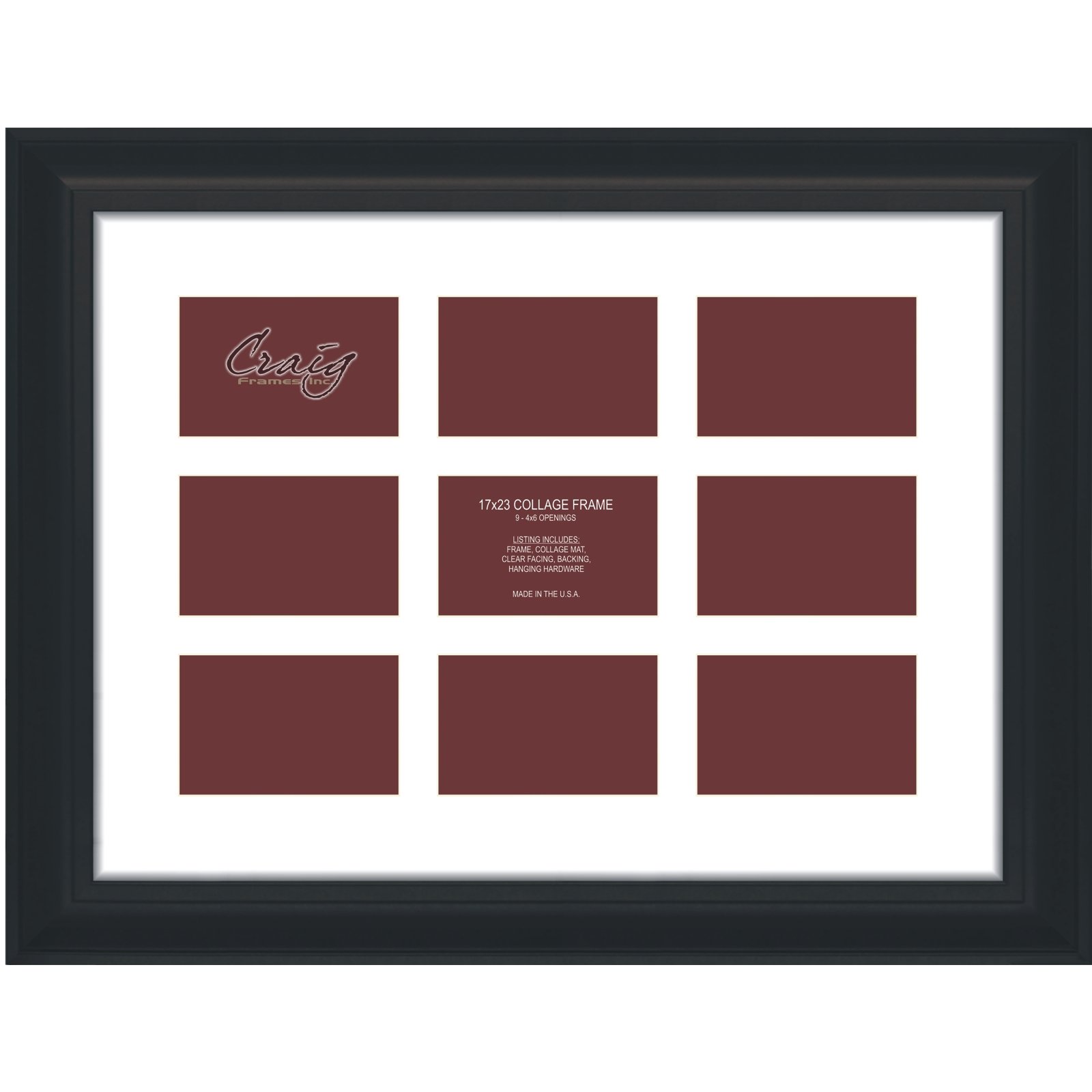 Craig Frames 21834700BK 17x23 Inch Black Picture Frame with 9 Openings (4x6 Inch) & White Collage Mat - Perfect for Family Photos, Wall Decor & Home Gallery Displays