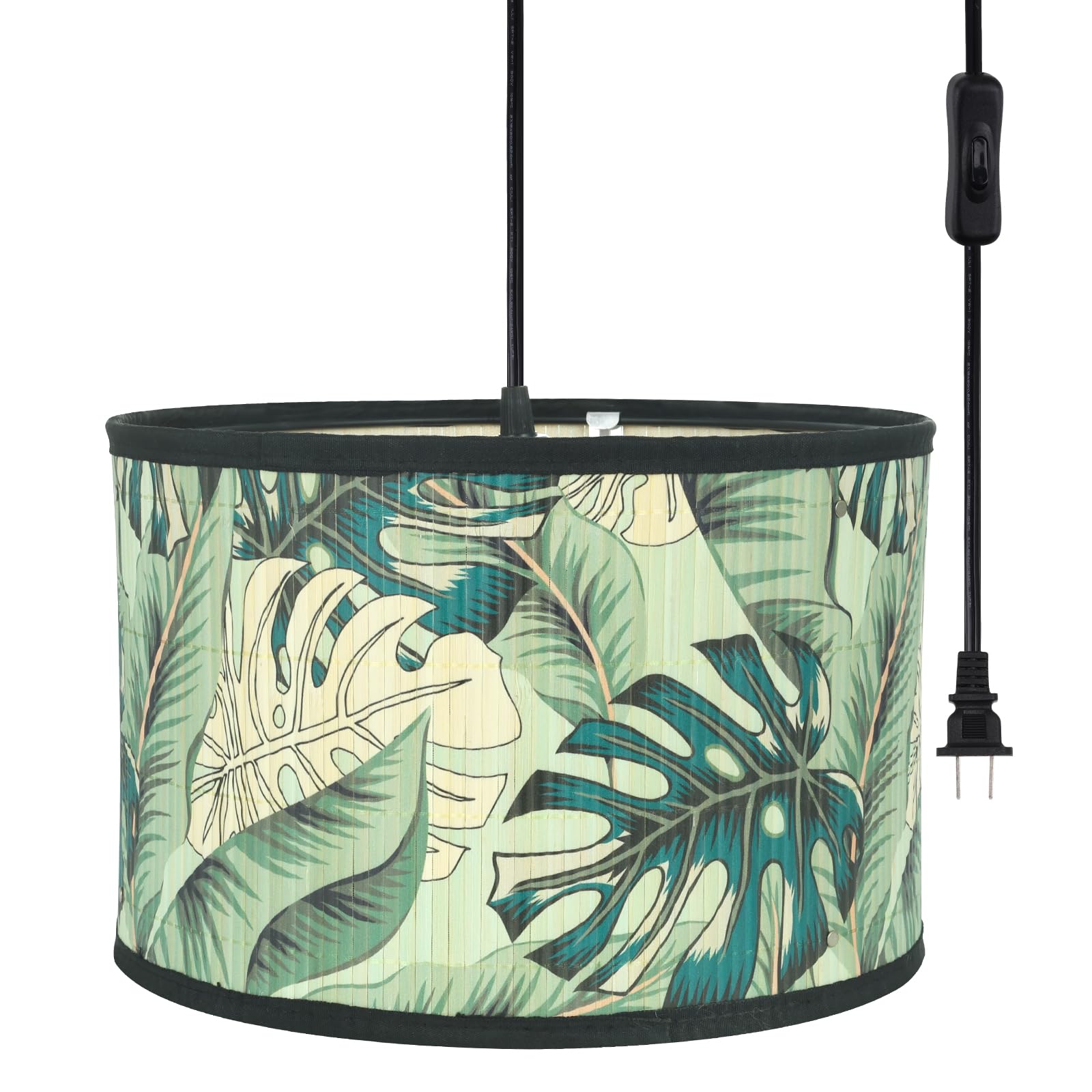 Eoiips Plug-in Pendant Light Bamboo - 14.76ft Hanging Lamp with ON/Off Switch & Patterned Shade - Modern Lighting Fixture for Kitchen Island, Bedroom, Living Room (Greenery Design) - Perfect for Dining Areas, Coffee Shops & Home Decor