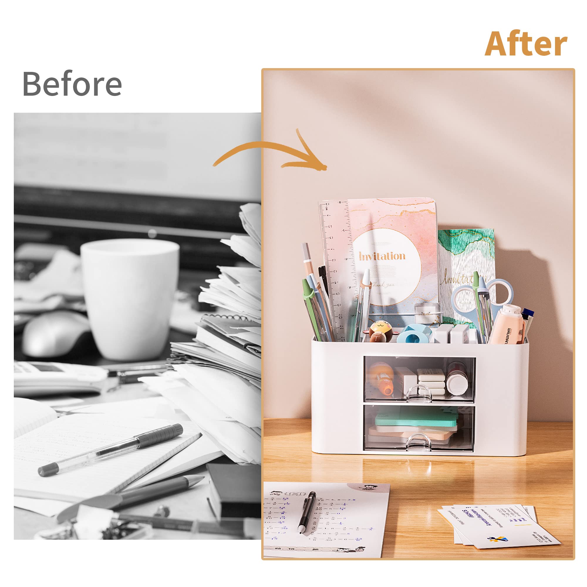 Marbrasse 2-Drawer Pen Organizer - Multi-Functional Desk Pencil Holder with 5 Compartments for Office & Art Supplies (White) | Perfect for Home Office, School, and Craft Room Organization