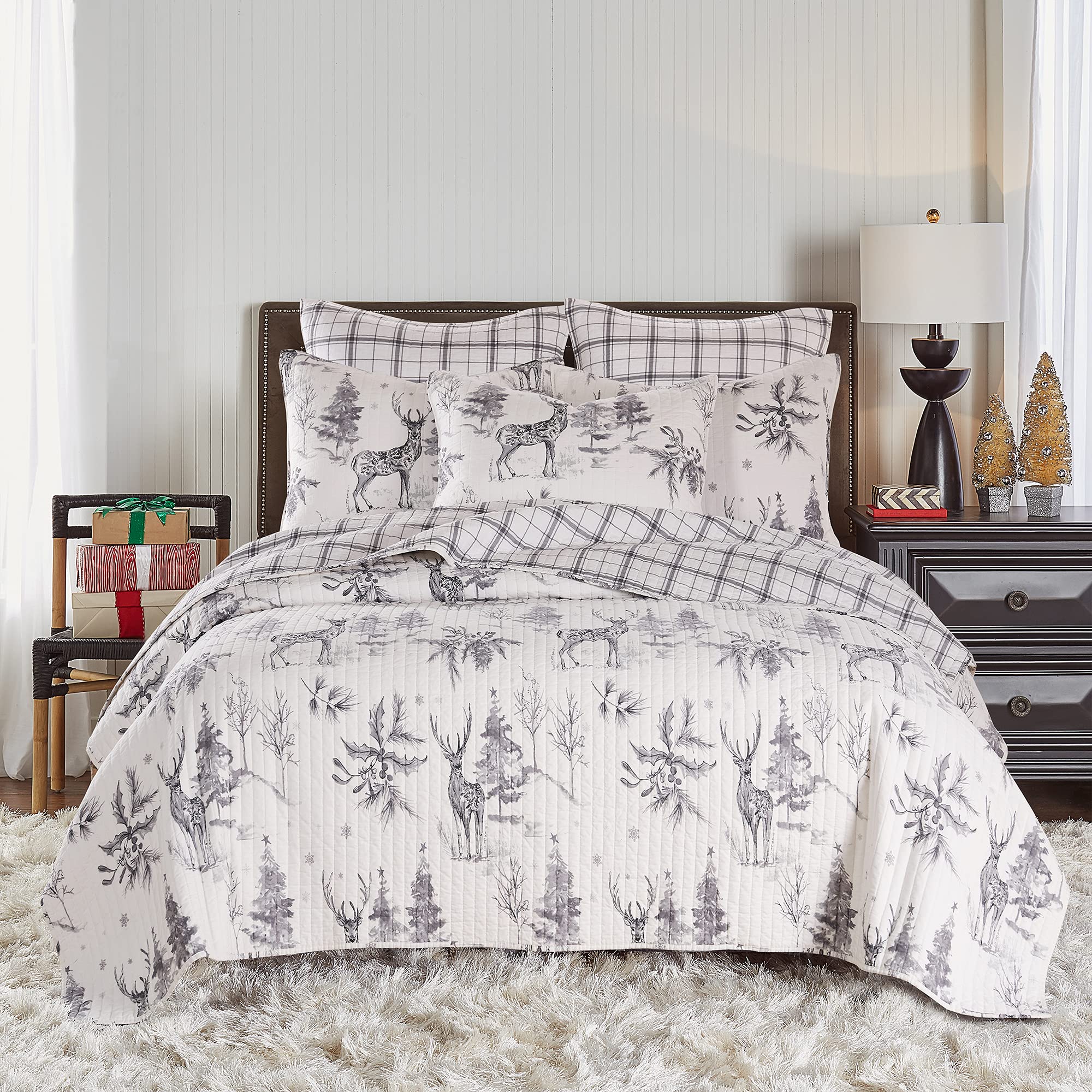 Levtex Home Sleigh Bells Quilt - Twin/Twin XL Holiday Bedding Set 68x86 - Christmas Tree & Reindeer Design - Grey & White Reversible Cotton/Poly Blend - Cozy Winter & Christmas Decor for Bedroom