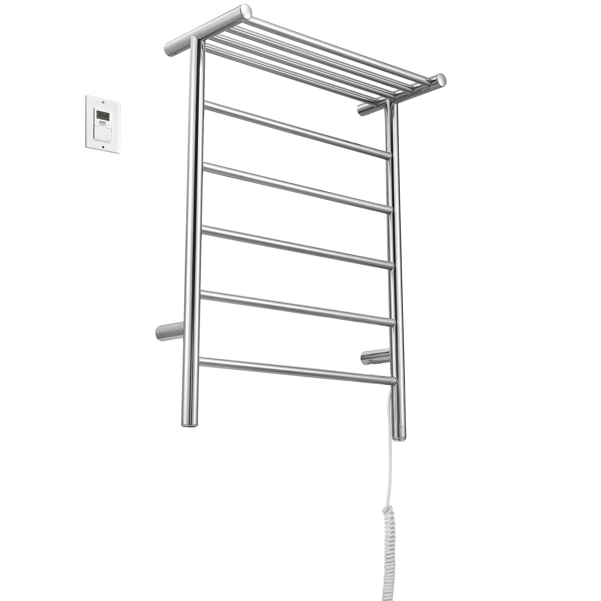 Miazzo 5-Bar Electric Wall Mount Towel Warmer with Shelf - Plug In or Hardwire Installation, Polished Stainless Steel, Digital Timer - Perfect for Bathrooms, Spas & Luxury Home Heating