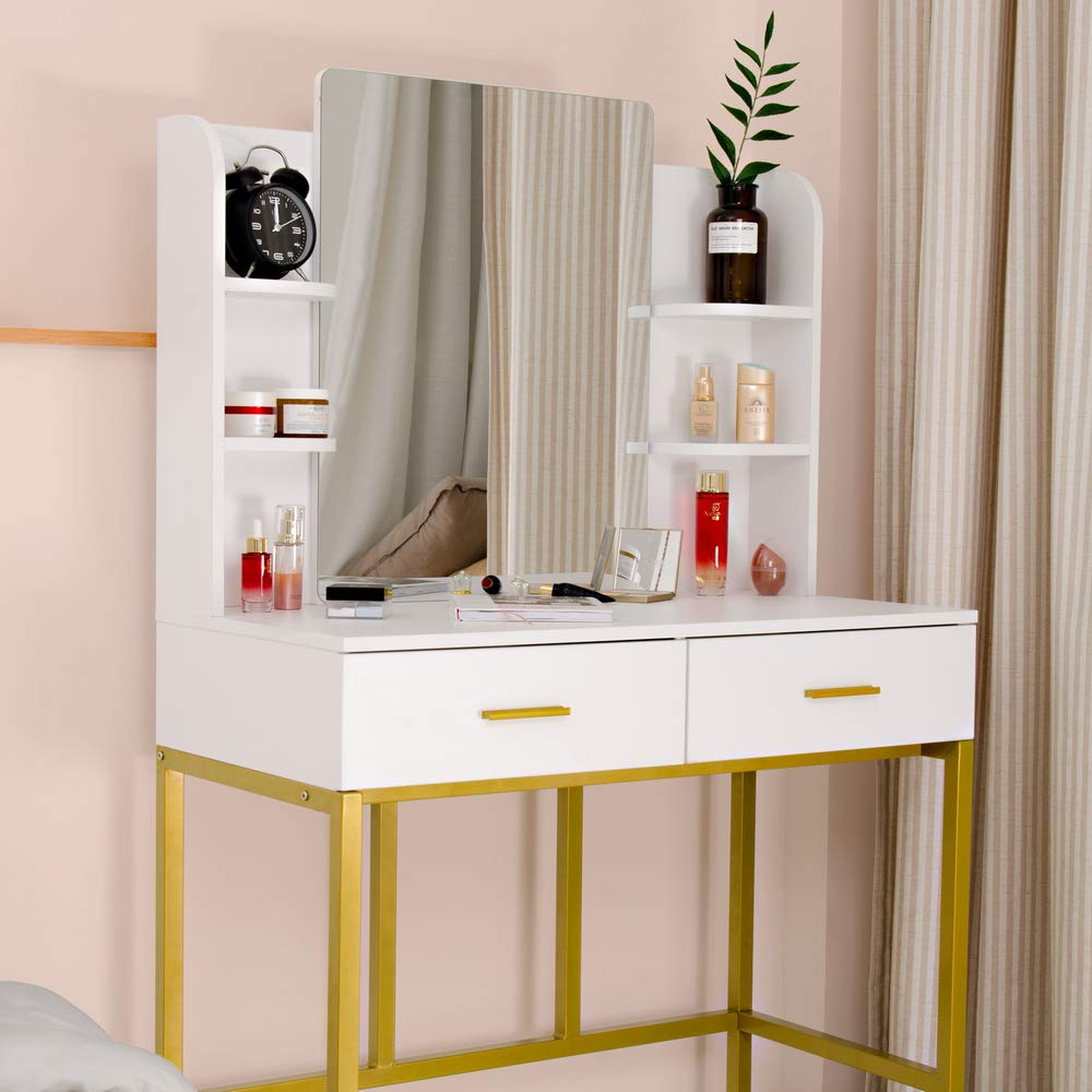 GBB White Steel Frame Vanity Table with Desktop Mirror, 2 Drawers & Stool - Elegant Dressing Table for Bedroom, Hair Salon & Makeup Studio | Perfect for Home Decor, Professional Styling & Beauty Studios