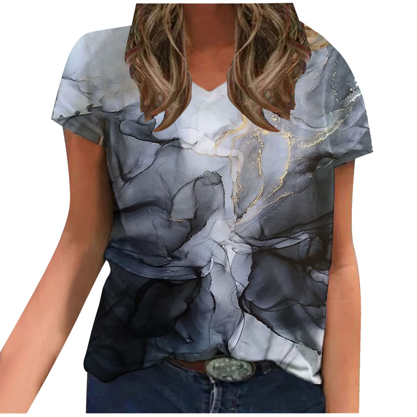 Vintage Marble Print T-Shirts for Women - Abstract Tie Dye Short Sleeve Blouses, Casual V-Neck Loose Fit Summer Tops | Perfect for Beach Outings, Weekend Brunch & Casual Wear