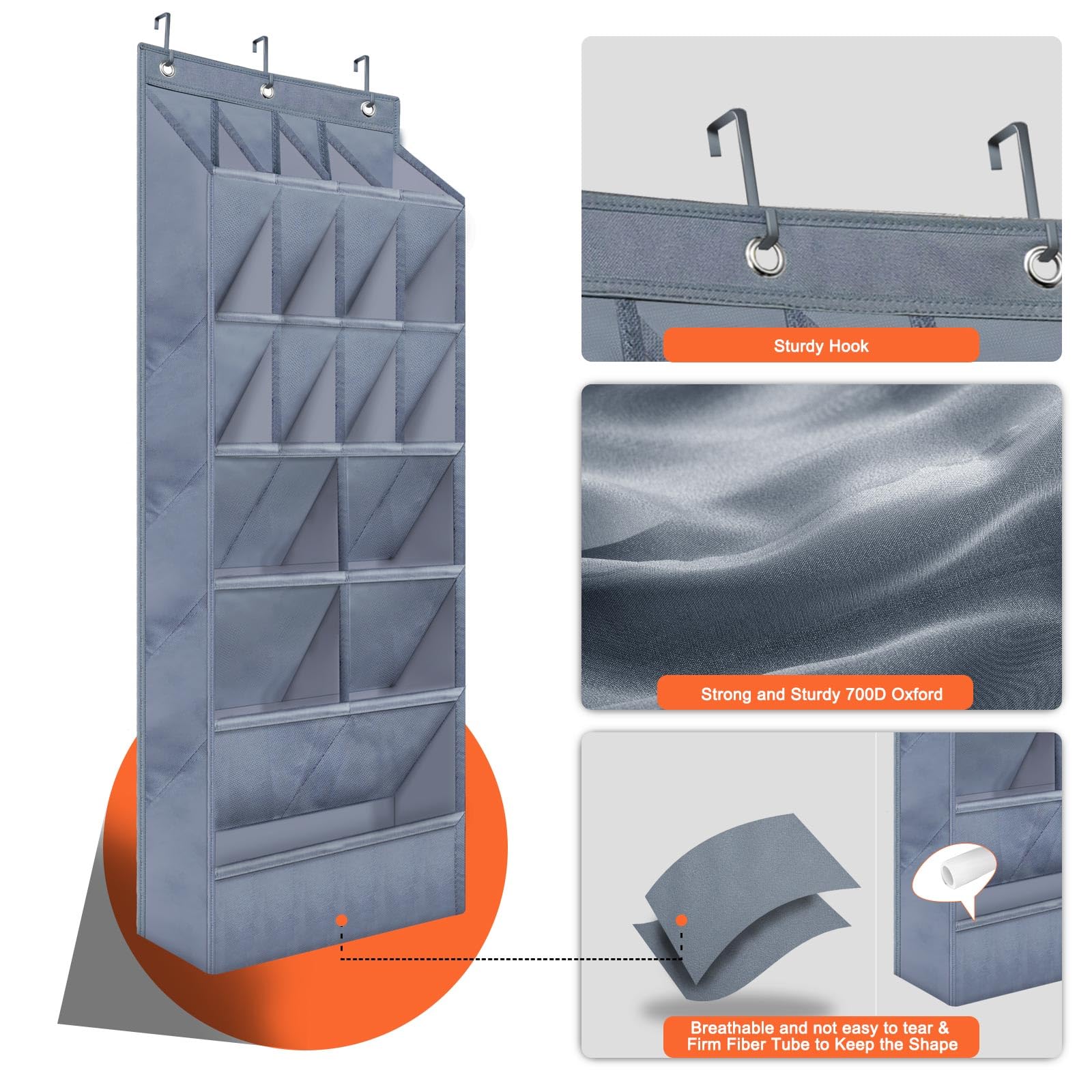 Over the Door Shoe Organizer - 17 Pocket Hanging Shoe Rack with Large Pockets, Space Saving Grey Closet Storage - Perfect for Bedroom, Closet, Entryway & Small Space Organization