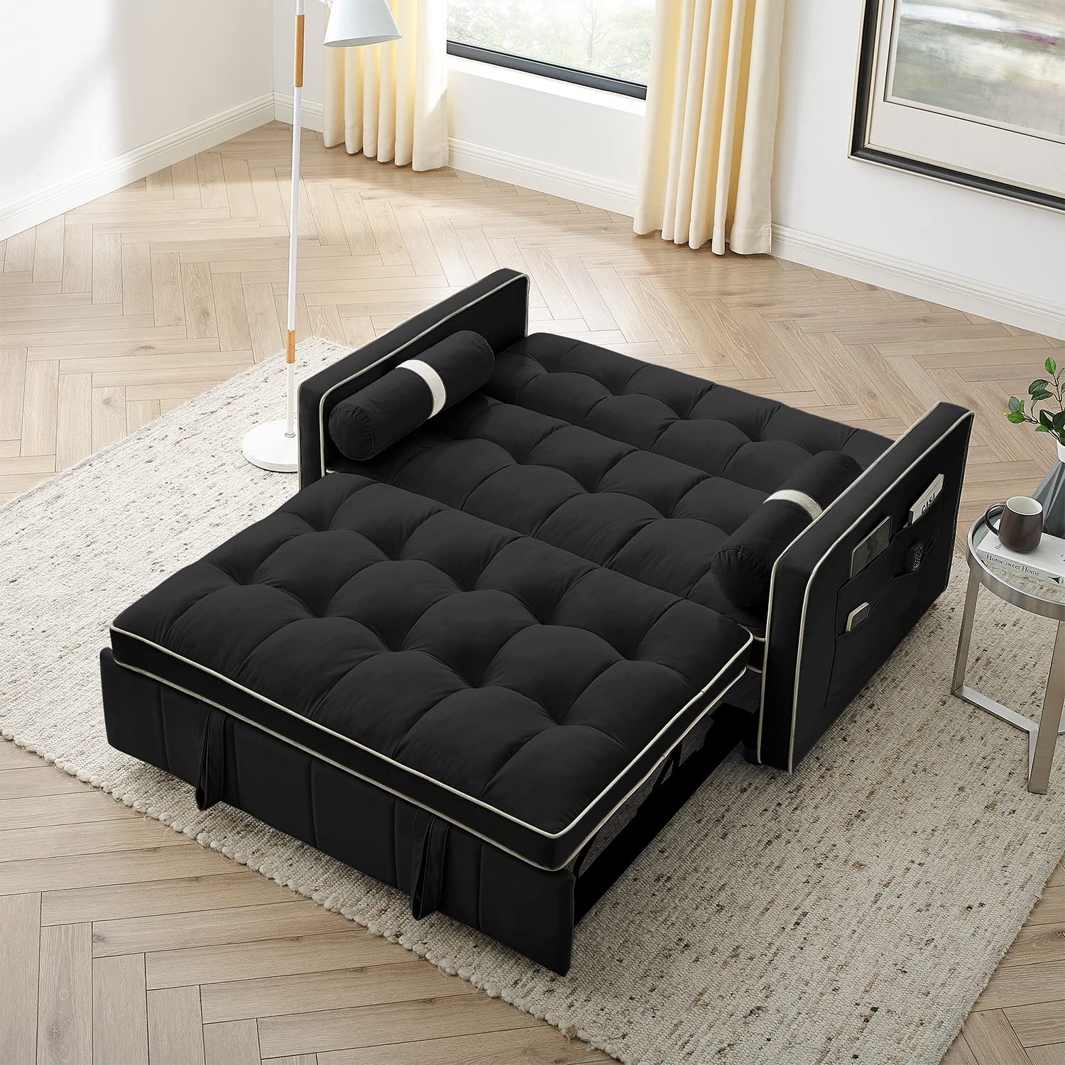 3 in 1 Sleeper Sofa Bed - Convertible Tufted Velvet Loveseat with Pullout Bed & Adjustable Backrest, Small Futon Couch with Cylinder Pillows for Living Room, Apartment, Dorm (Black, 55.5