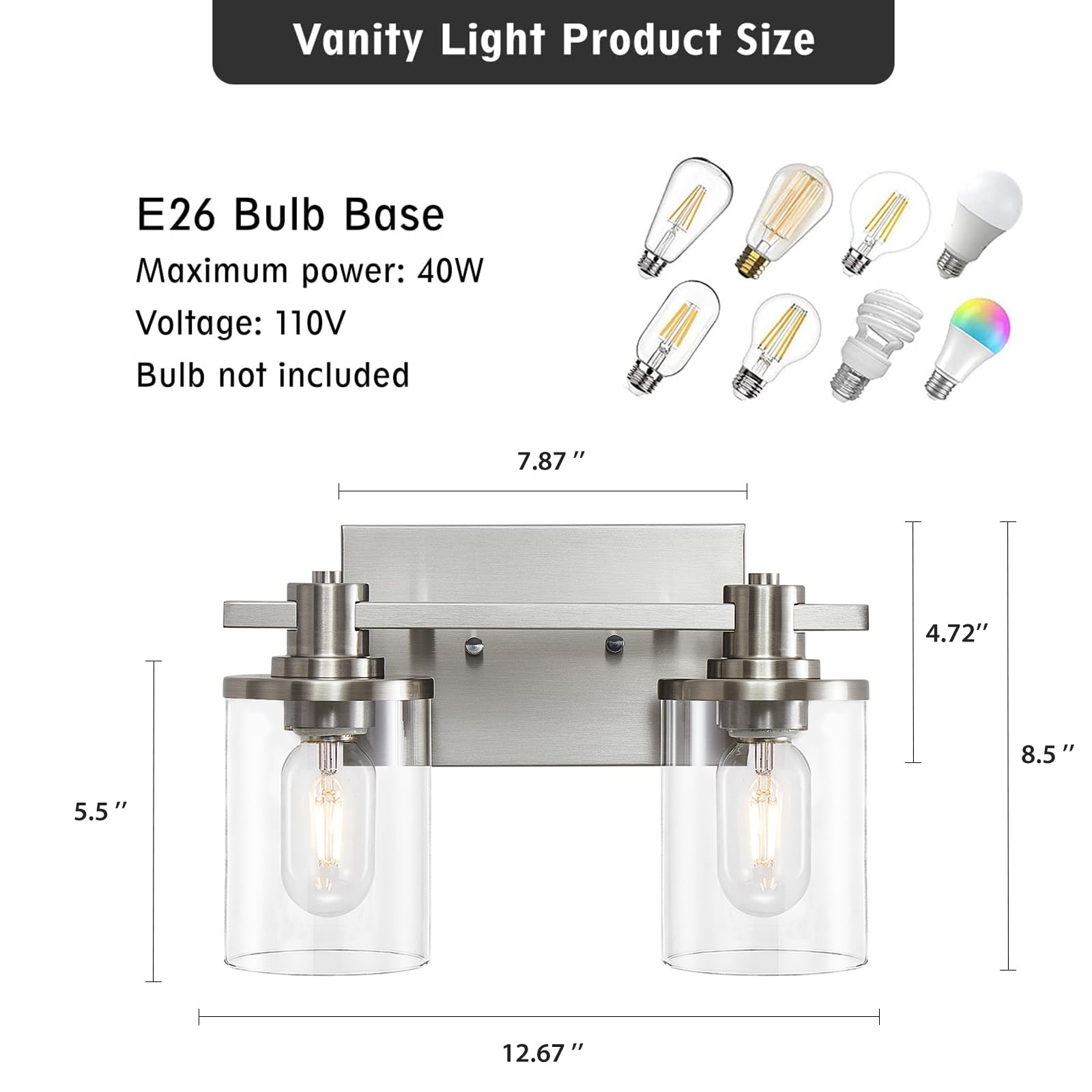DADUL 2-Light Brushed Nickel Bathroom Vanity Light Fixture with Clear Glass Shade - Modern Wall Sconce for Bathroom Mirror Lighting - Perfect for Bathroom, Powder Room, and Dressing Room Vanity Makeup Area