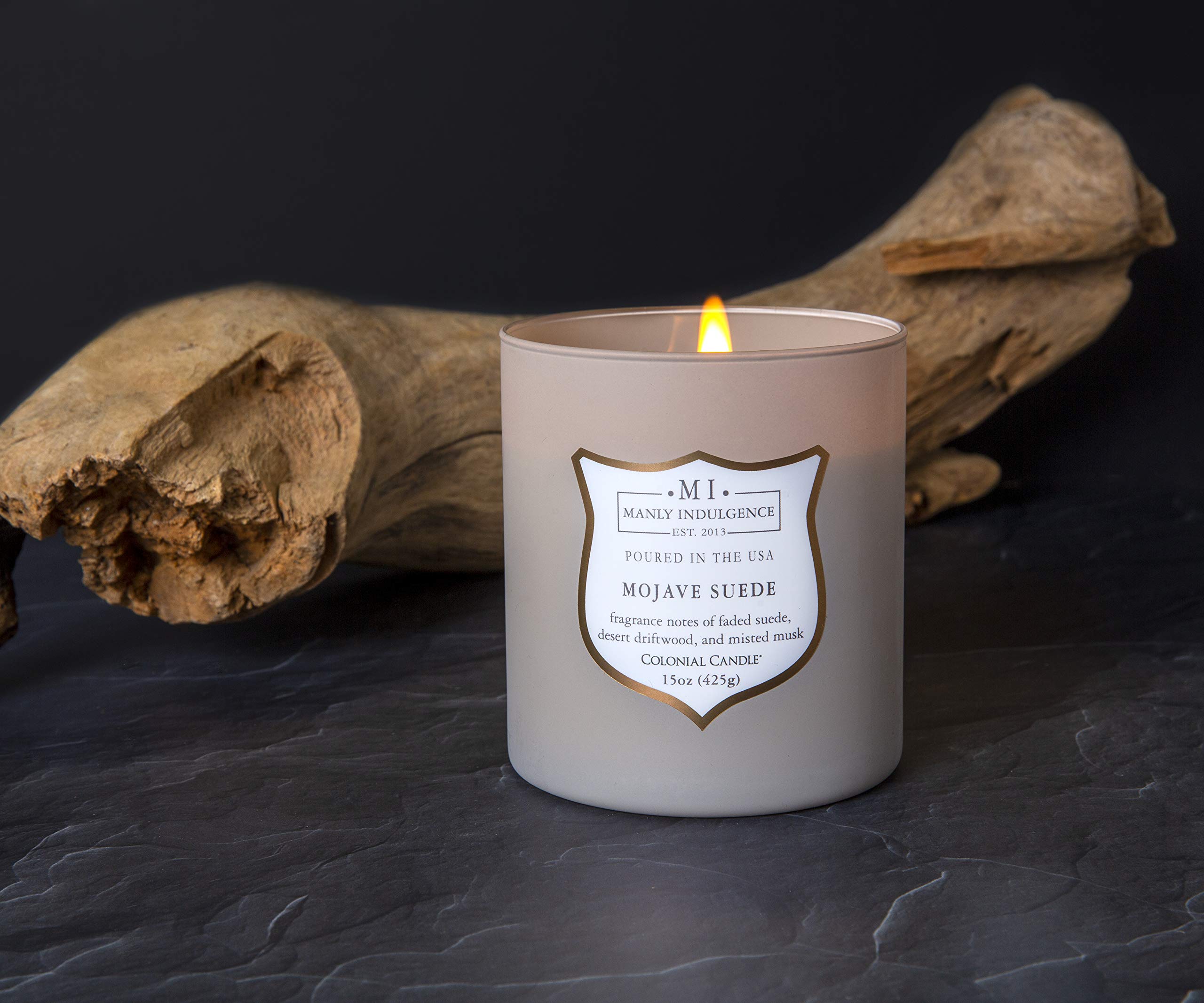 Manly Indulgence Mojave Suede Scented Jar Candle - Signature Collection with Wood Wick, 15oz (60 Hours Burn Time) - Grey Aromatherapy Candle for Home, Office & Relaxation