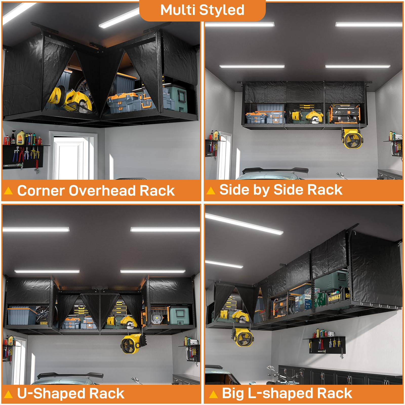 Heavy Duty L-Shaped Overhead Garage Storage Rack - Adjustable Height 700LBS Capacity with Oxford Fabric Cover - Perfect for Garage, Basement & Warehouse Organization - Space-Saving Solution for Sports Gear, Seasonal Items & Tools Storage