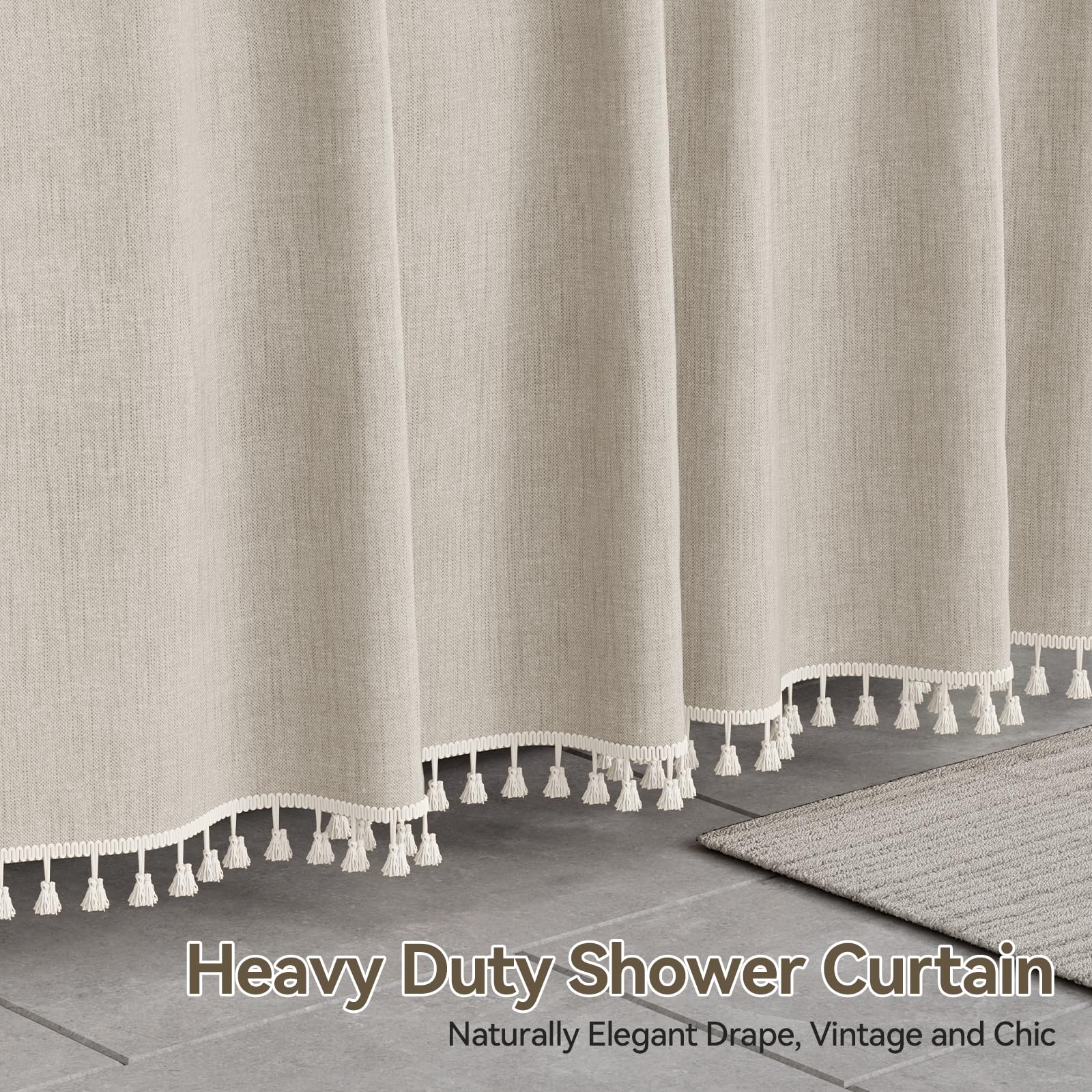 AmazerBath Beige Faux Linen Shower Curtain with Tassels - 72x72 Inch Water Repellent Bathroom Curtain for Modern Farmhouse Decor, Neutral Tasseled Shower Liner with Hooks - Perfect for Bathrooms, Guest Rooms & Spa-Style Retreats