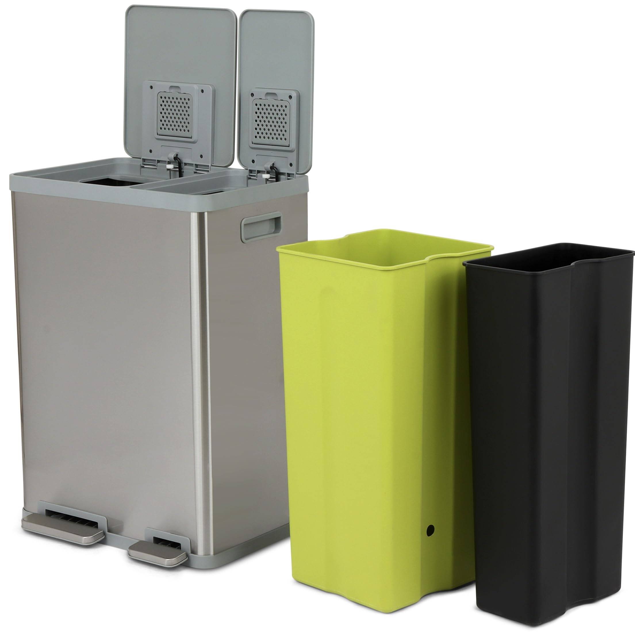 SIMPLI-MAGIC 60L/16 Gallon Stainless Steel Step Trash Can with Soft-Close Lid - Dual Compartment Recycling Bin for Kitchen, Office & Bathroom - Hands-Free Operation, Brushed Finish (38L x 22L Capacity) - Perfect for Waste Sorting & Space Saving