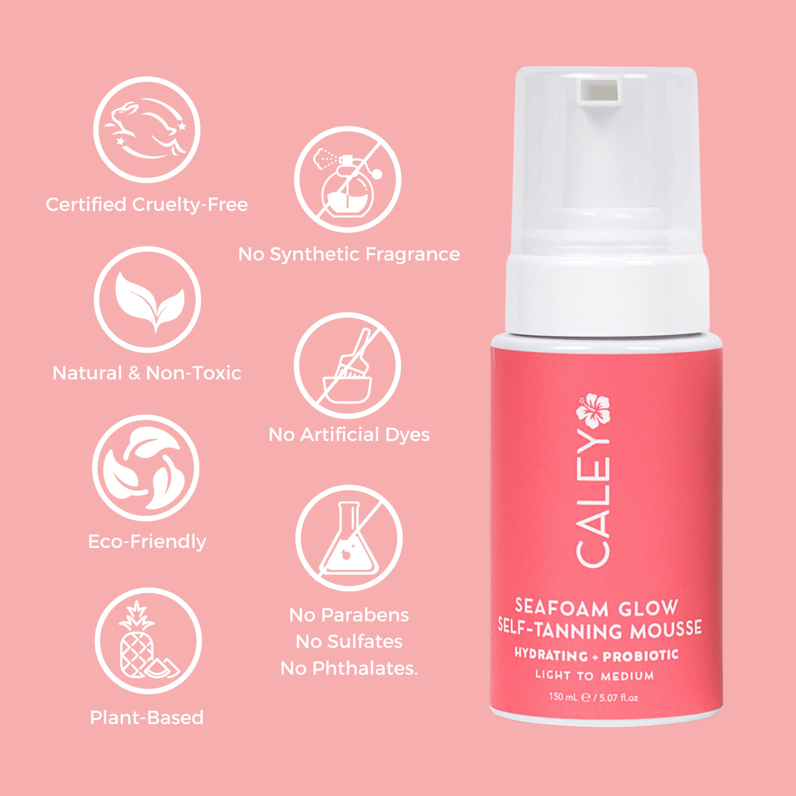 Caley Cosmetics Probiotic Self Tanning Mousse - Travel Size (2.5oz) for Light to Medium Skin Tones | Natural Sunless Tan | Streak-Free Application | Perfect for Vacation & Special Occasions