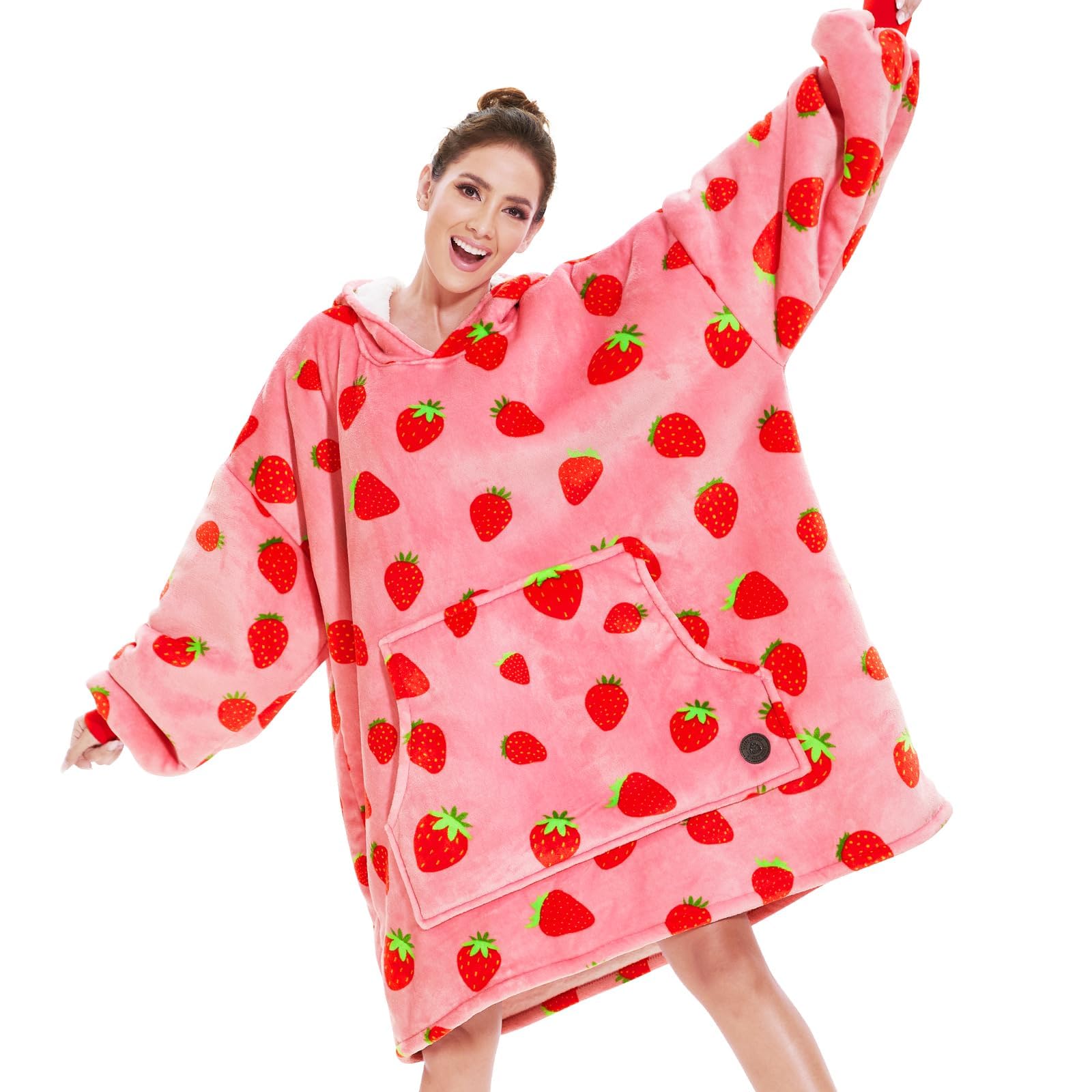 THREE POODLE Wearable Blanket Hoodie for Women & Men - Oversized Sherpa Sweatshirt Blanket | Warm Cozy Strawberry Hooded Fleece | Perfect Gift for Mom, Girlfriend, Sister | Ideal for Lounging, Netflix Nights & Winter Comfort