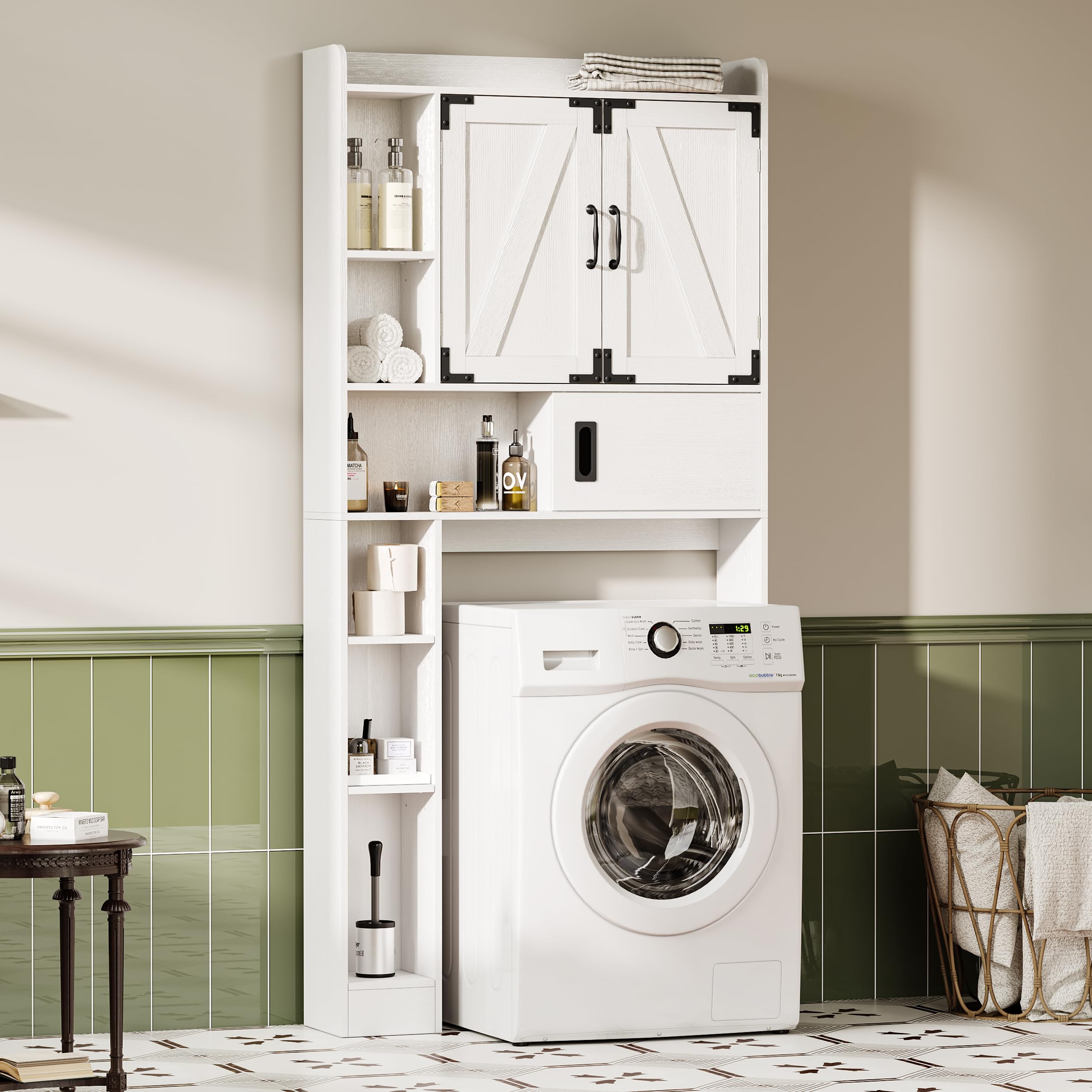Farmhouse Over The Toilet Storage Cabinet with Sliding Barn Doors - White Bathroom Organizer with Adjustable Shelves & Drawer - Space Saving Solution for Towels, Toiletries and Bathroom Essentials