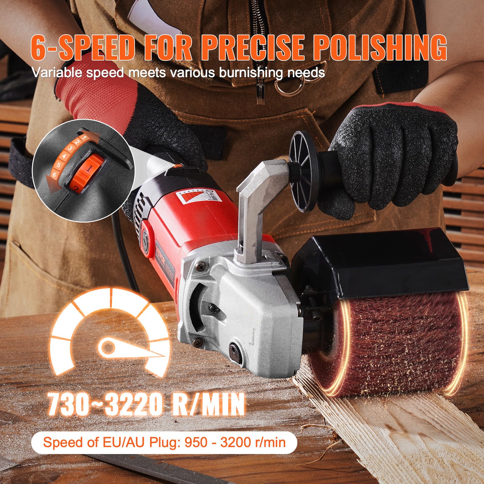 VEVOR 1200W Variable Speed Handheld Electric Metal Burnishing Polishing Machine with 4 Fiber Wheels - Professional Surface Conditioning Tool for Stainless Steel & Non-Ferrous Metals - Perfect for Metal Restoration, Automotive Detailing & DIY Projects