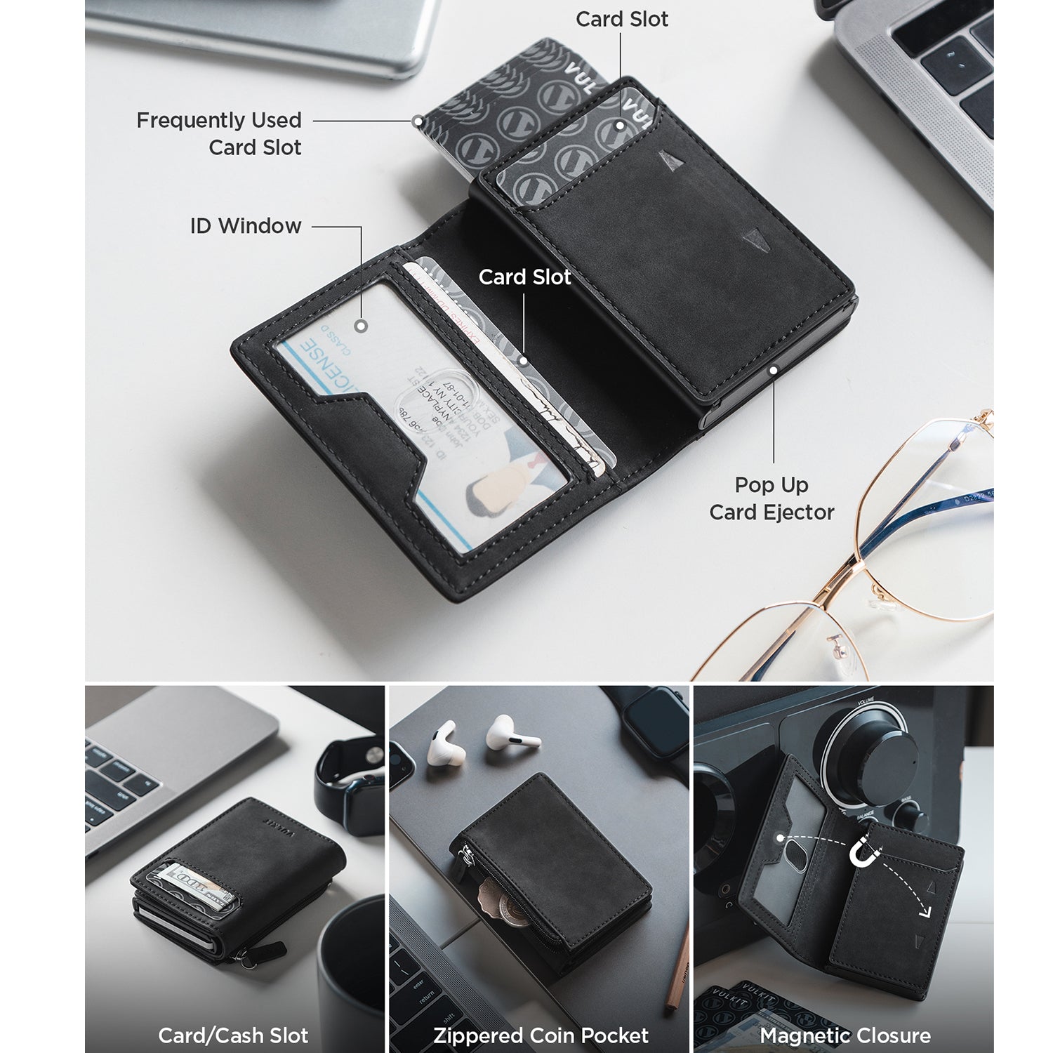 VC502 RFID Blocking Card Holder with Card Ejector - Slim Wallet with Zipper Coin Pocket, ID Window & Magnetic Closure - Perfect for Travel, Business & Everyday Use