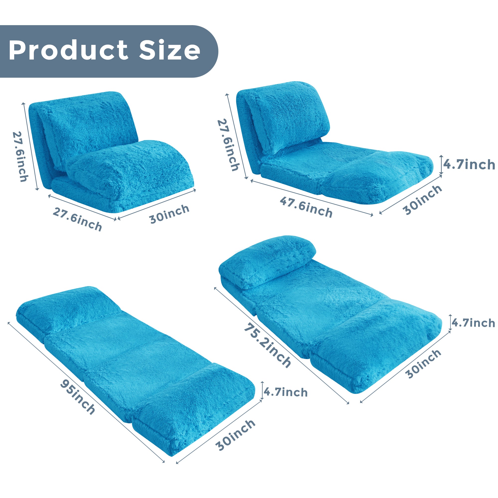 MAXYOYO Folding Bean Bag Sofa Bed - Soft Faux Fur Floor Couch with Foam Filling, Blue - Perfect for Living Room, Bedroom, Dorm & Small Space Relaxation
