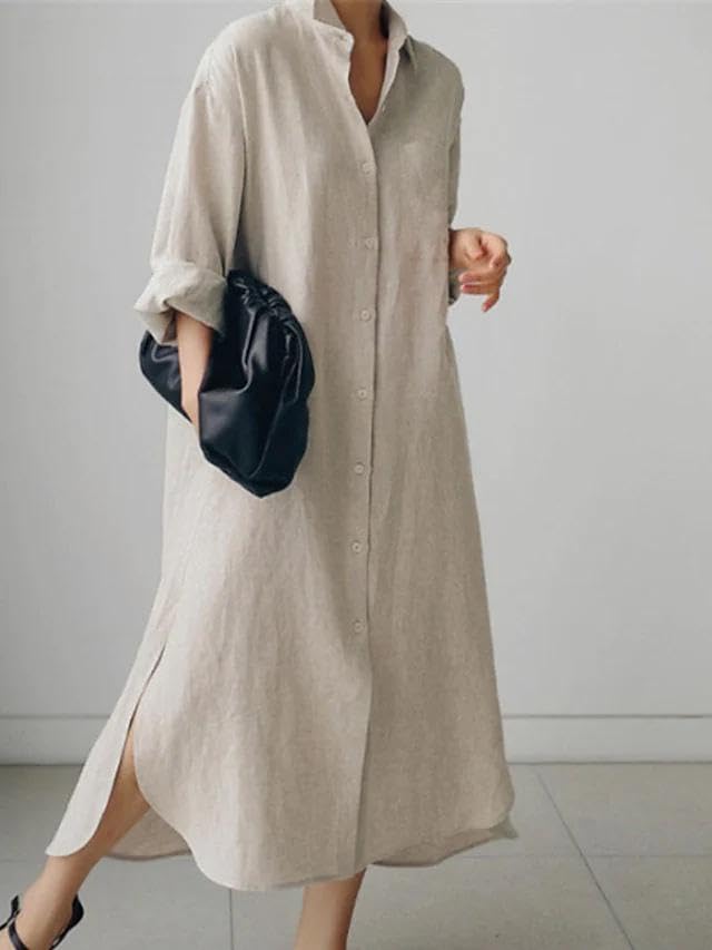 Women's Cotton Linen Long Sleeve Shirt Dress - Spring Summer Casual Midi Dress with Western Buttons | Elegant Office Wear, Weekend Brunch & Date Night Outfits