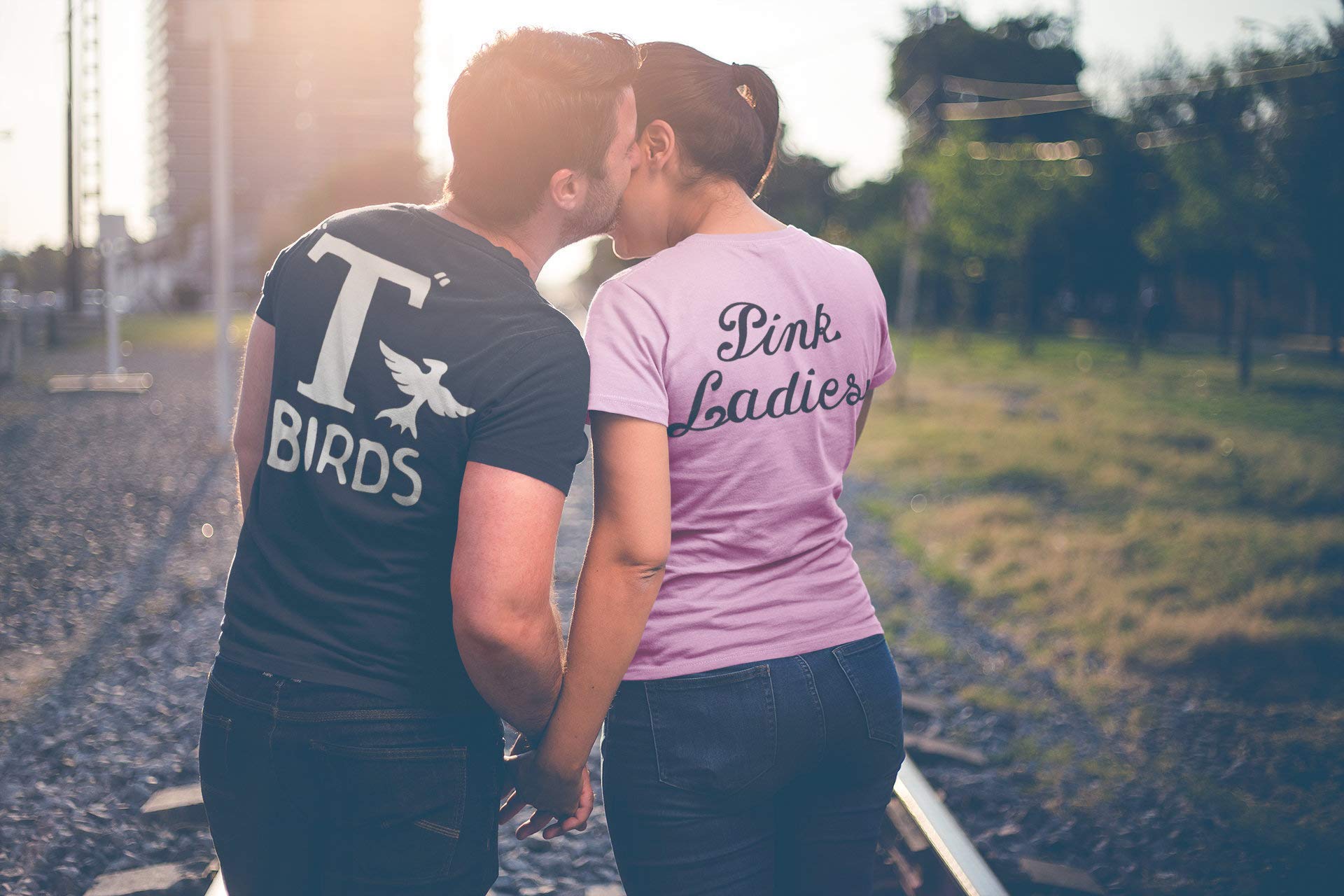 Vintage 1950s T-Birds Black Shirt & Pink Ladies Shirt Set - Retro Couples Costume for Halloween, Sock Hop Party, Grease Themed Events - Men's & Women's Matching Outfits