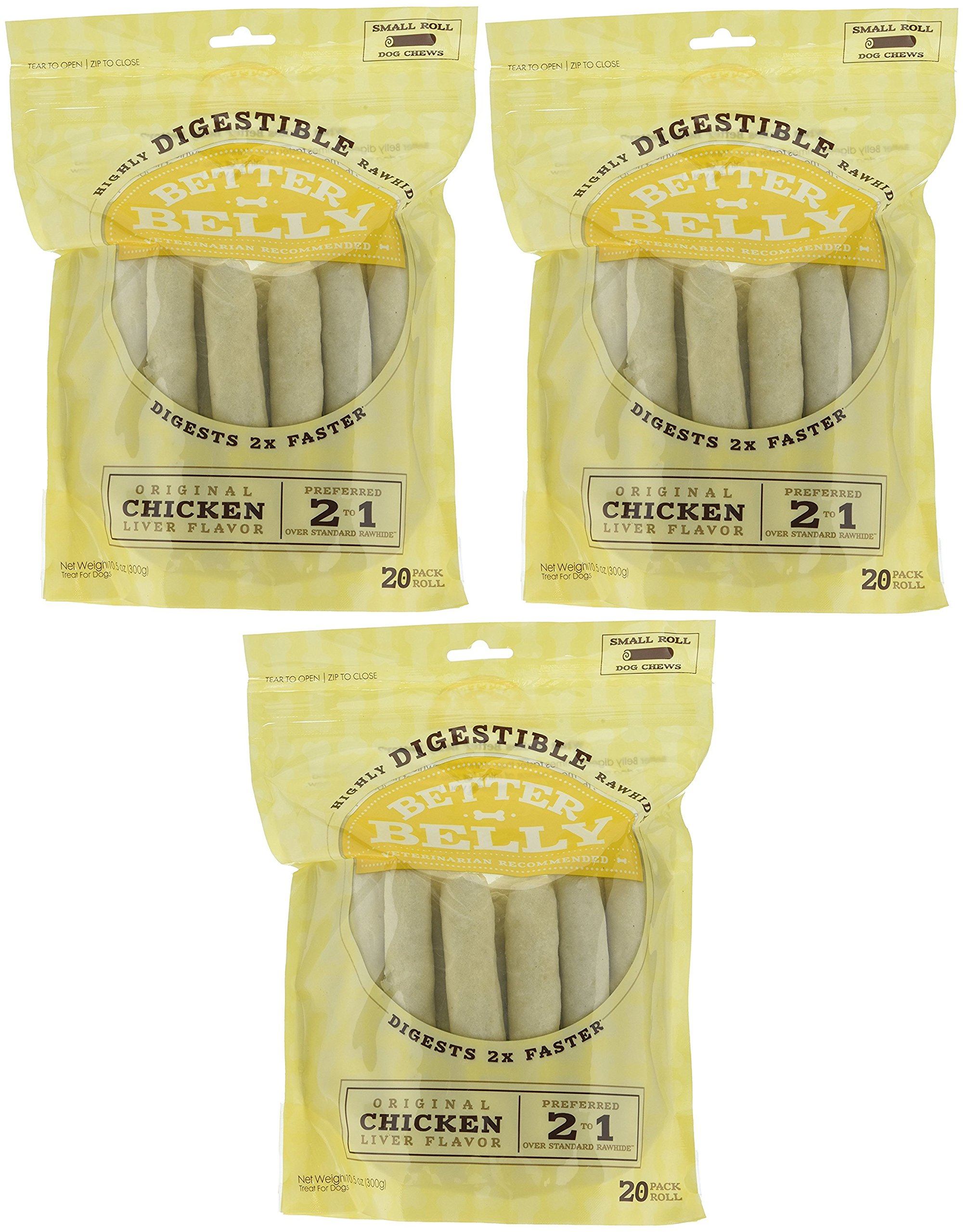 Better Belly Small Roll Bones for Dogs - 60 Count (3 Packs of 20) | Natural Chew Treats for Puppies & Small Breeds | Supports Dental Health & Reduces Anxiety - Perfect for Training, Teething & Playtime