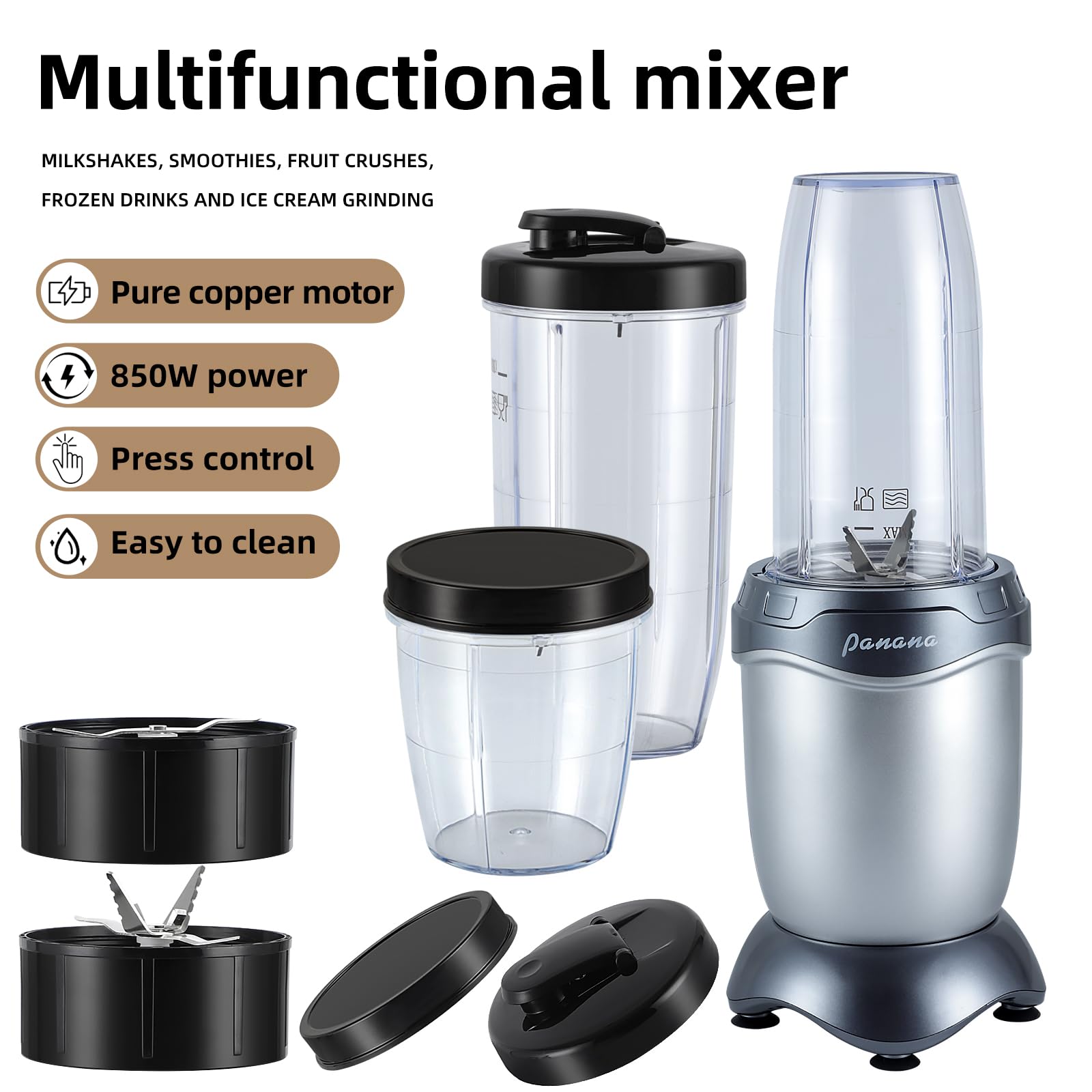 Panana 850W High-Speed Personal Blender - Portable Smoothie Maker & Food Grinder with 2x20oz Travel Cups - Perfect for Protein Shakes, Frozen Drinks, Juices, Sauces & Meal Prep - Ideal for Home, Gym & Office Use