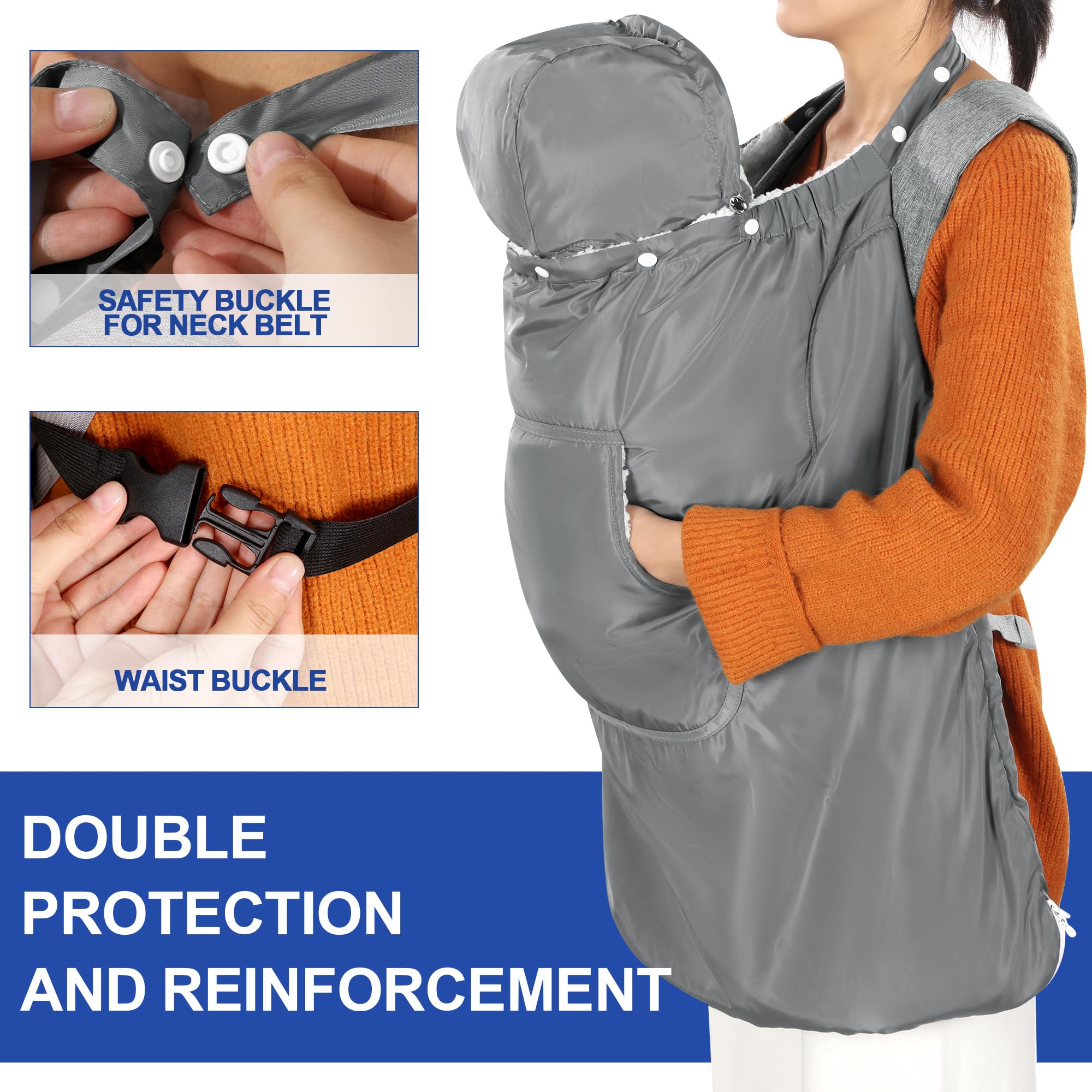 ROYALAY Waterproof Baby Carrier Cover with Detachable Hood & Large Pockets - Sherpa Thickened Infant Carrier Blanket - Universal Car Seat Cover for Strollers & Baby Waist Stool - Perfect for Outdoor Walks, Shopping & Travel
