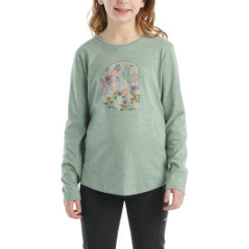 Youth Girls Long Sleeve Floral Print Cotton T-Shirt - Patina Heather - Perfect for School, Casual Wear & Everyday Outfits