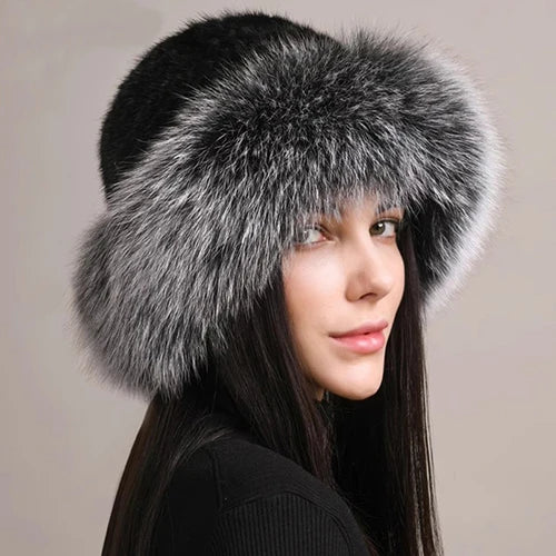 Luxury Handmade Knitted Mink Fur Hat with Real Fox Fur - Women's Winter Fashion Accessory for Cold Weather, Outdoor Activities & Holiday Gifts