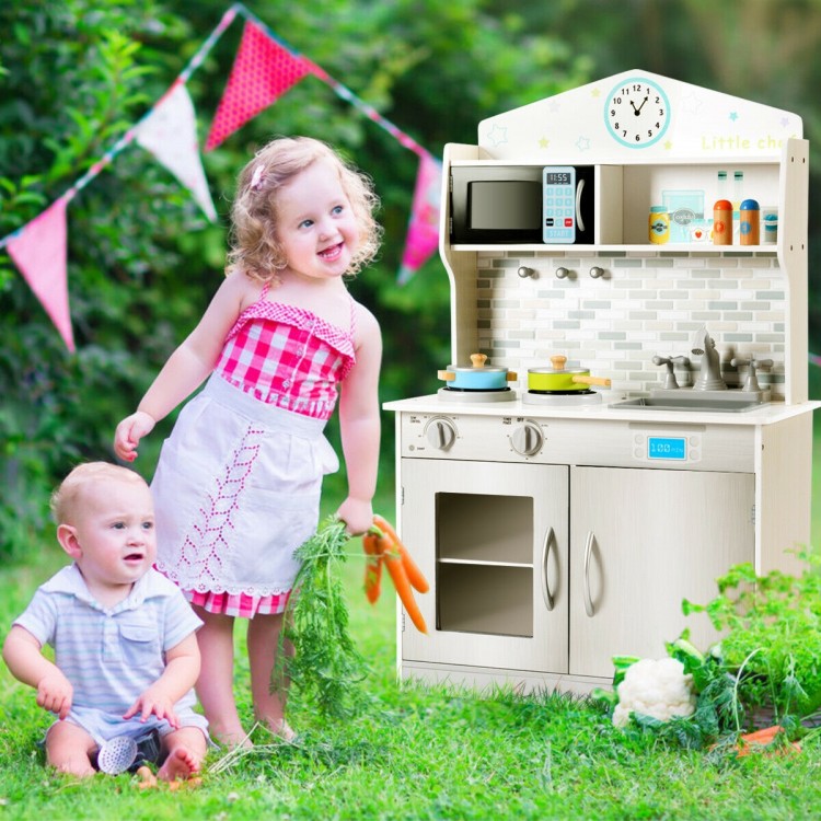 Wooden Pretend Play Kitchen Set for Kids - 12-Piece Cookware Toy with Utensils & Pots - Perfect for Imaginative Play, Role-Playing & Early Learning - Ideal Gift for Toddlers & Preschoolers (Beige)