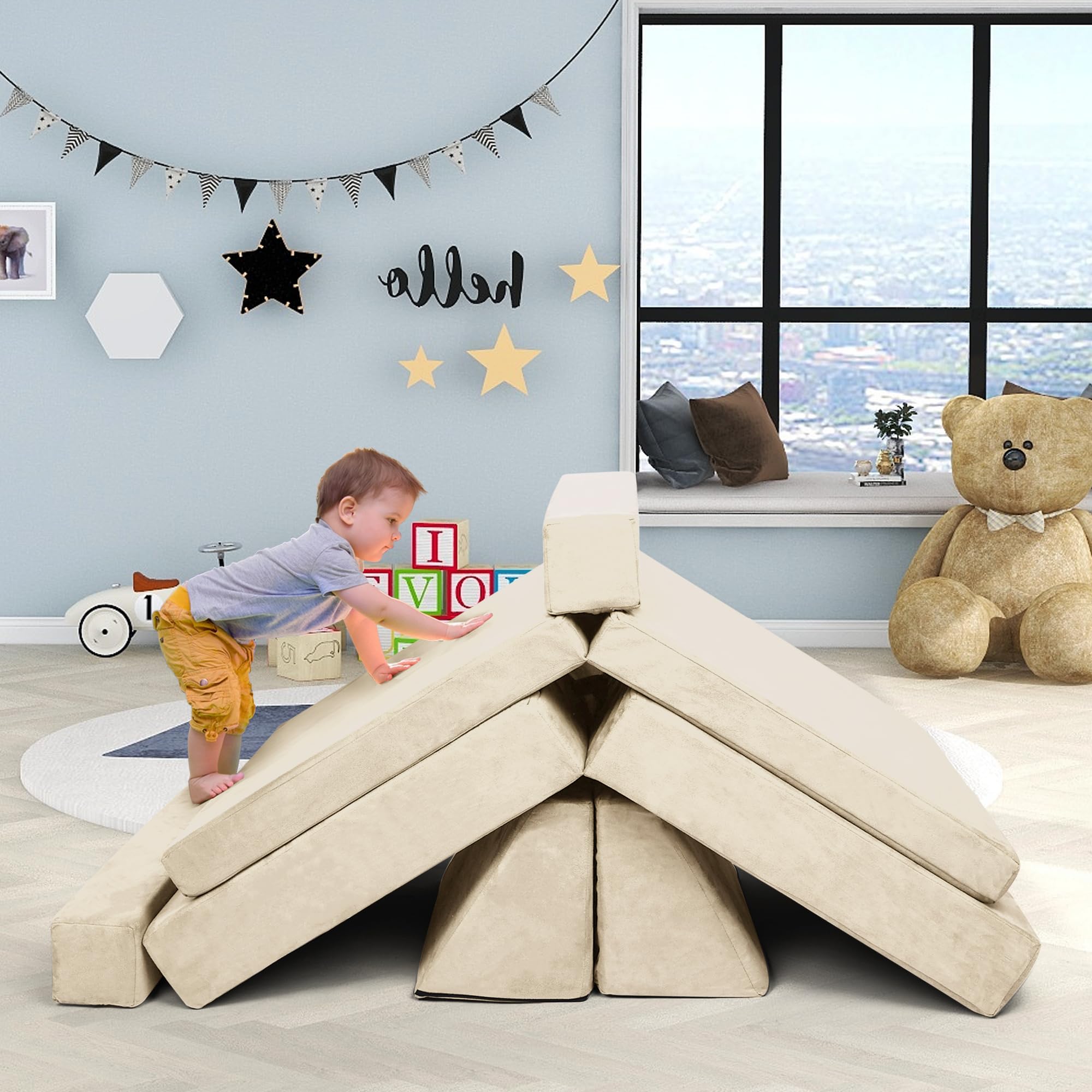 **Modular Kids Play Couch - Medium Size Convertible Foam Cushion Sofa for Boys & Girls | Square Armrest, Beige | Build Forts, Playroom Fun & Indoor Adventure**