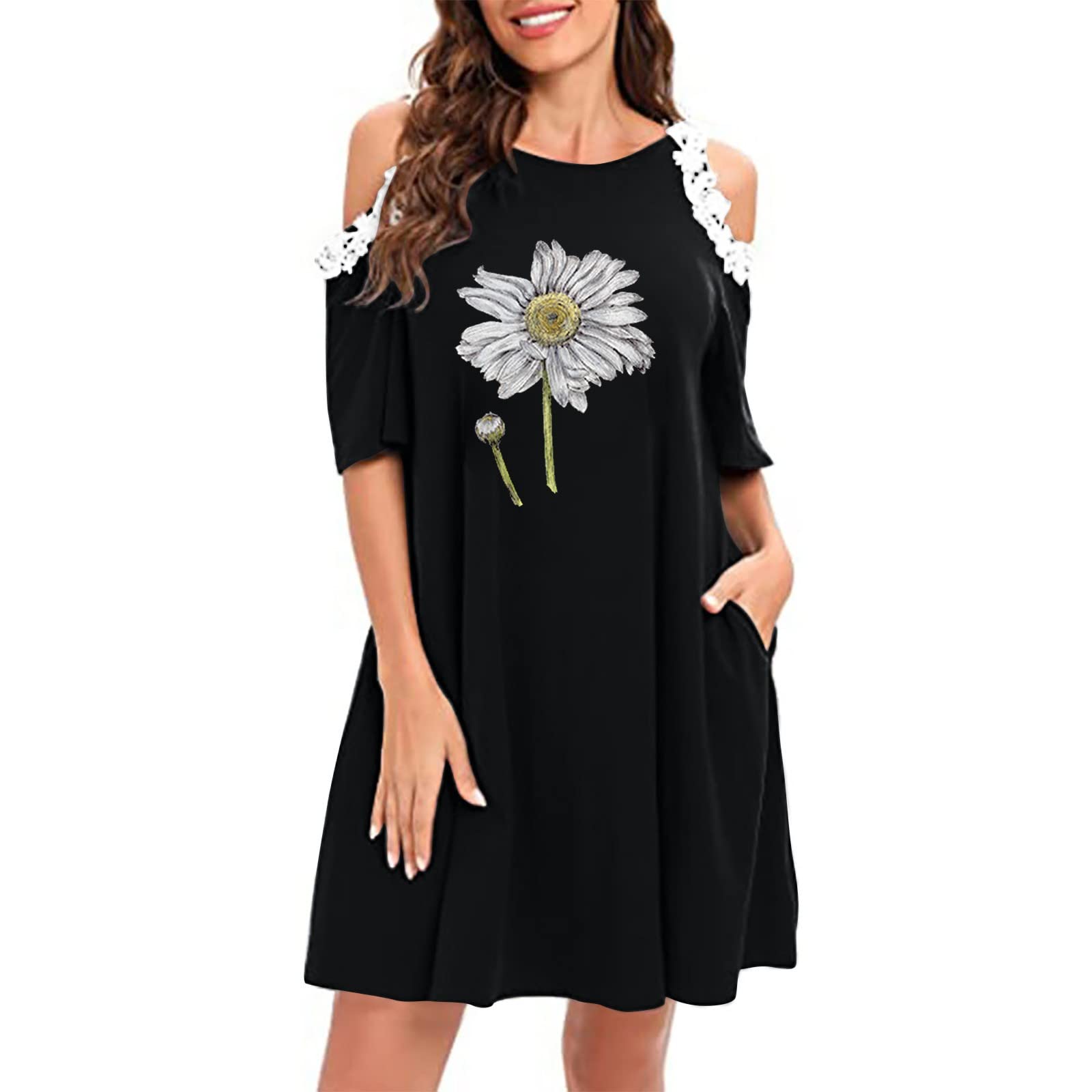 Women's Casual Cold Shoulder T-Shirt Dress - Short Sleeve Lace Patchwork Floral Print Mini Dress with Round Neck | Perfect for Summer Outfits, Beach Wear, and Date Nights