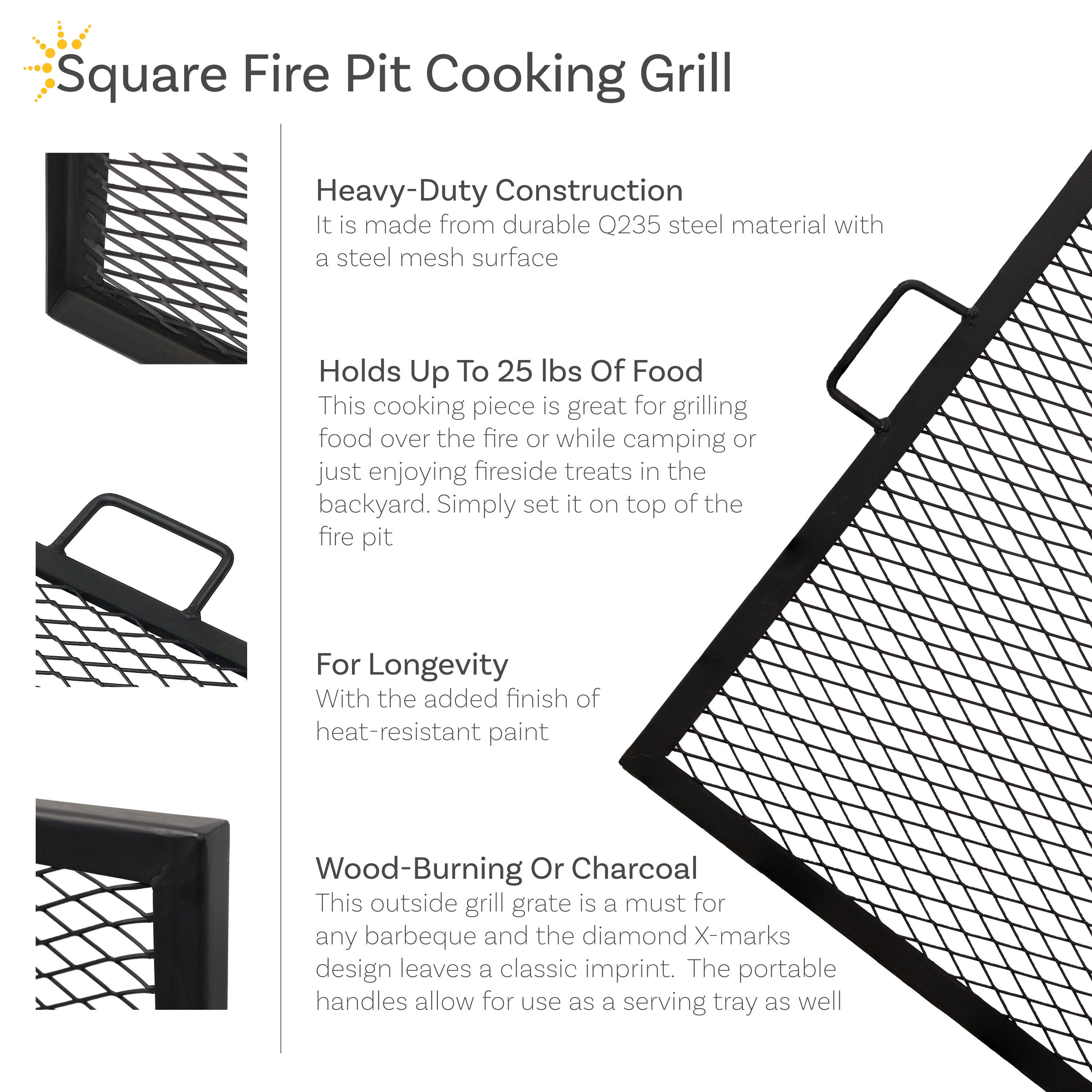 Sunnydaze X Marks Square Fire Pit Grill Grate - Heavy Duty Steel Cooking Grate for Outdoor Camping, Backyard BBQs & Patio Fire Pits