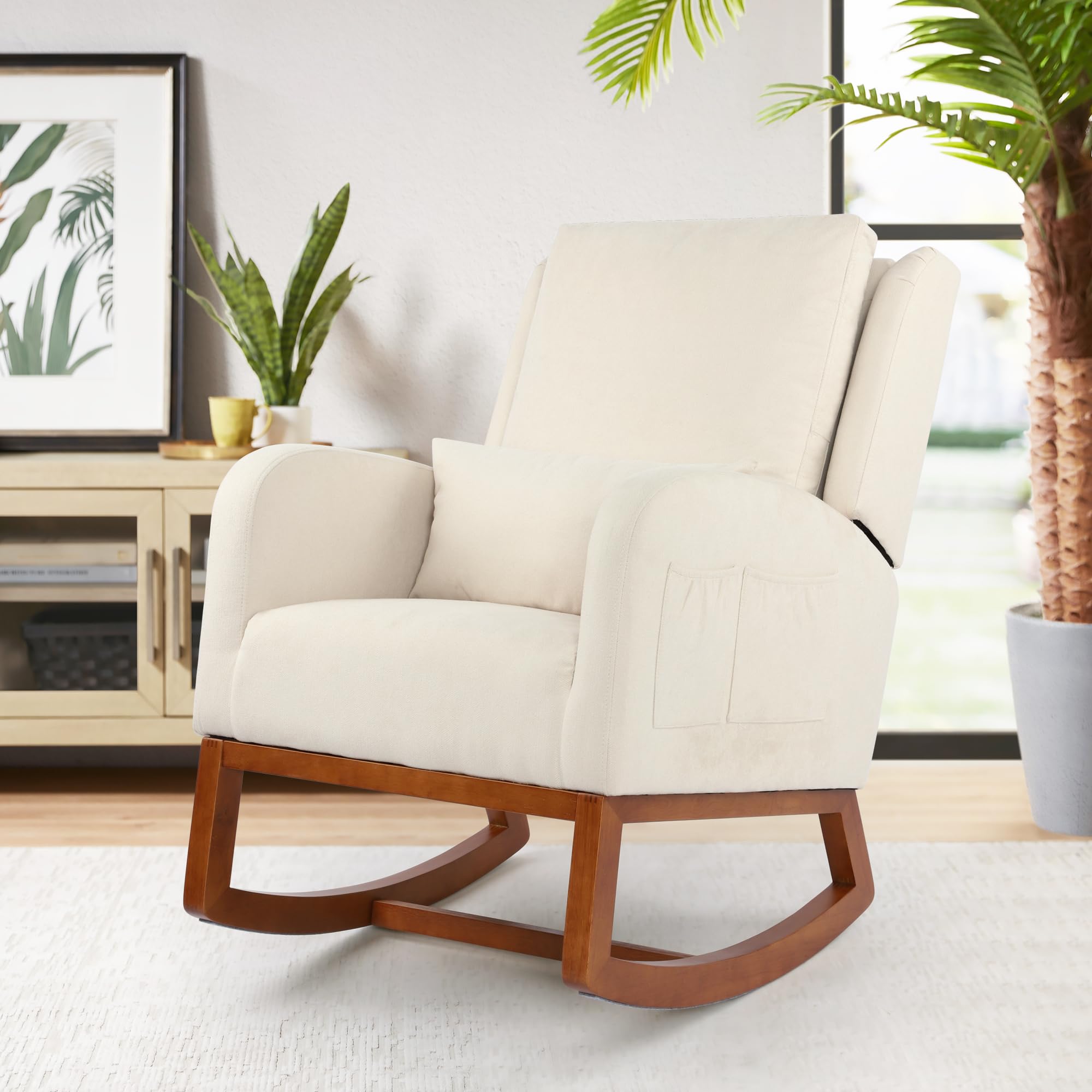 DAGONHIL Nursery Glider Rocking Chair - High Back Upholstered Armchair with Side Pocket & Pillow, Solid Rubber Wood Legs, Soft Flannel Fabric - Perfect for Nursery, Living Room & Bedroom (Beige) | Comfortable Seating for Breastfeeding, Reading & Relaxing