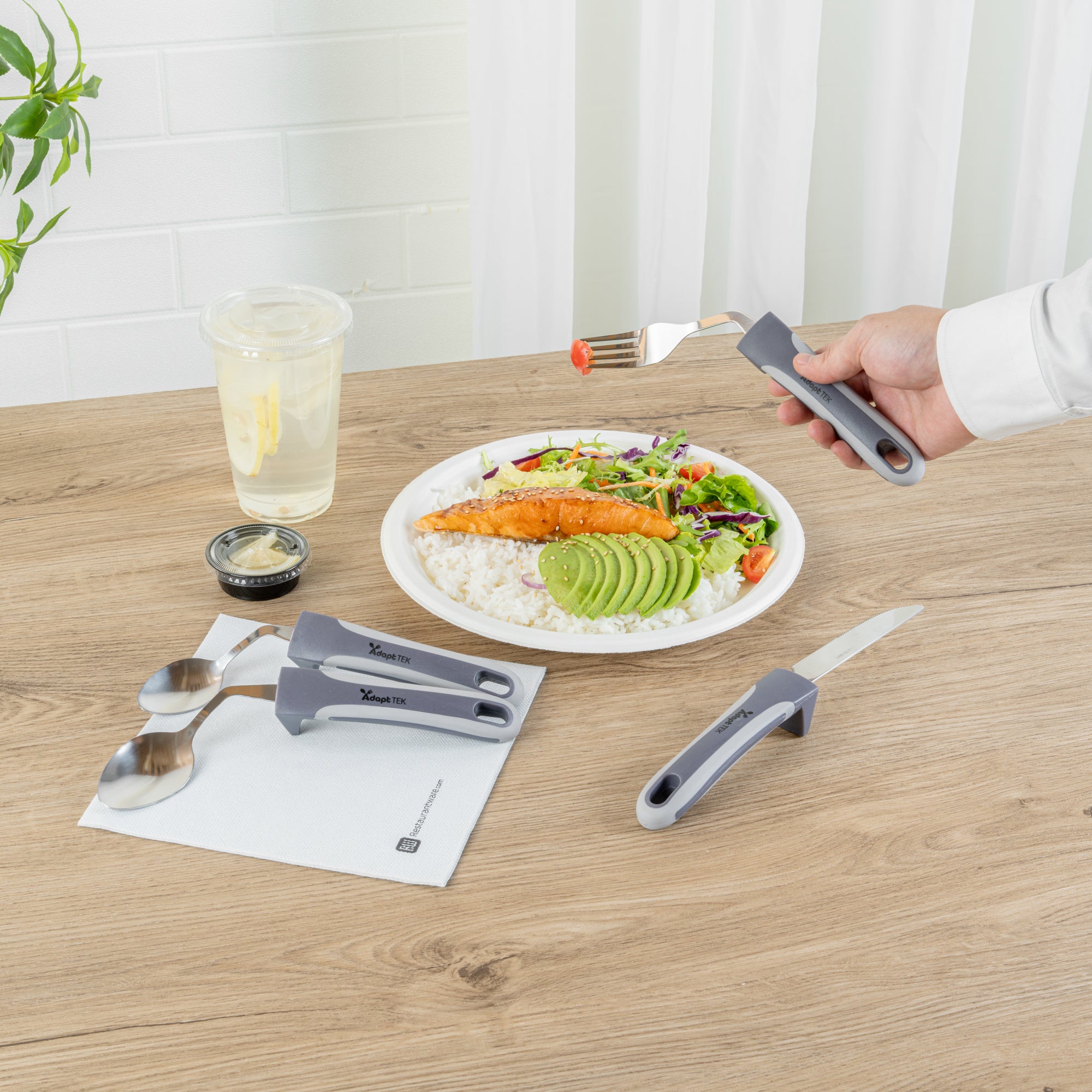 Adapt Tek Gray Stainless Steel 4-Piece Adaptive Offset Utensil Set for Right-Handed Users - Lightweight, Non-Slip Grip - Ideal for Arthritis & Limited Mobility (1 Count Box) - Perfect for Cooking, Dining & Assisted Living