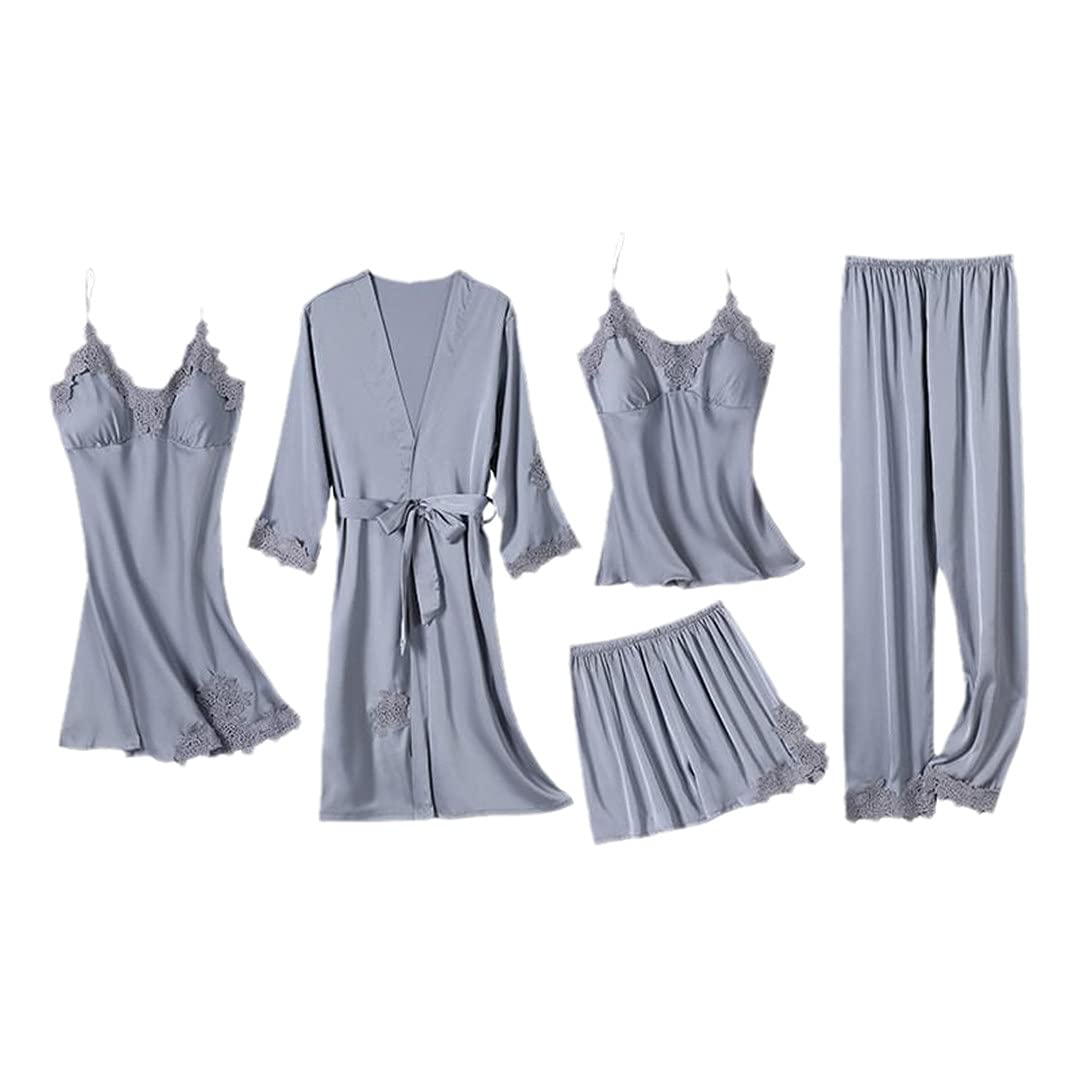 5 PCS Women's Lace Sleepwear Sets - V-Neck Satin Pajamas for Lounge & Nightwear - Perfect for Relaxing at Home, Sleepovers & Gift Giving
