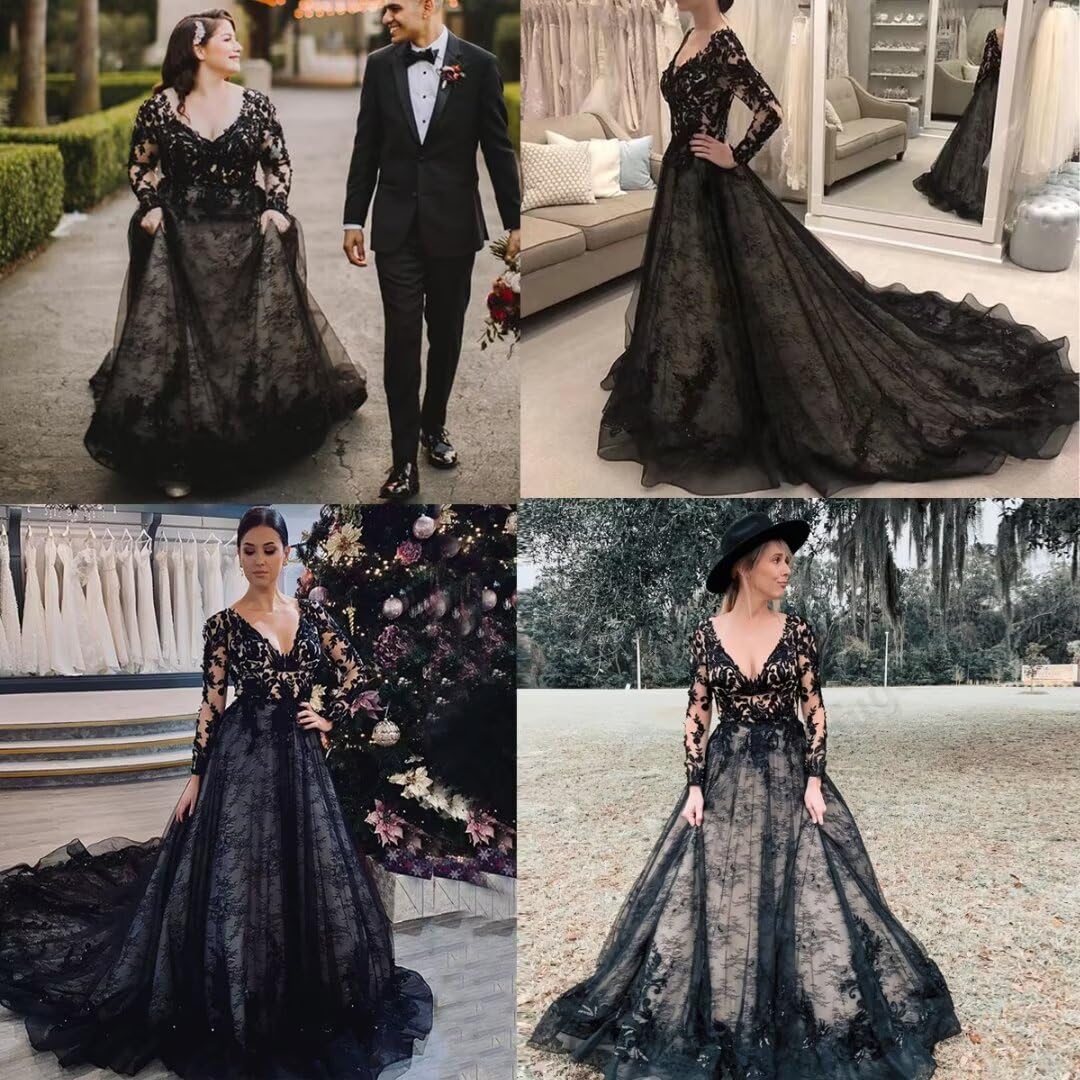 Gothic Black Wedding Dress for Bride - Long Sleeve Lace V-Neck Bridal Gown with Train | Elegant Gothic Wedding, Vampire Theme, Halloween Costume, Dark Romance Ceremony