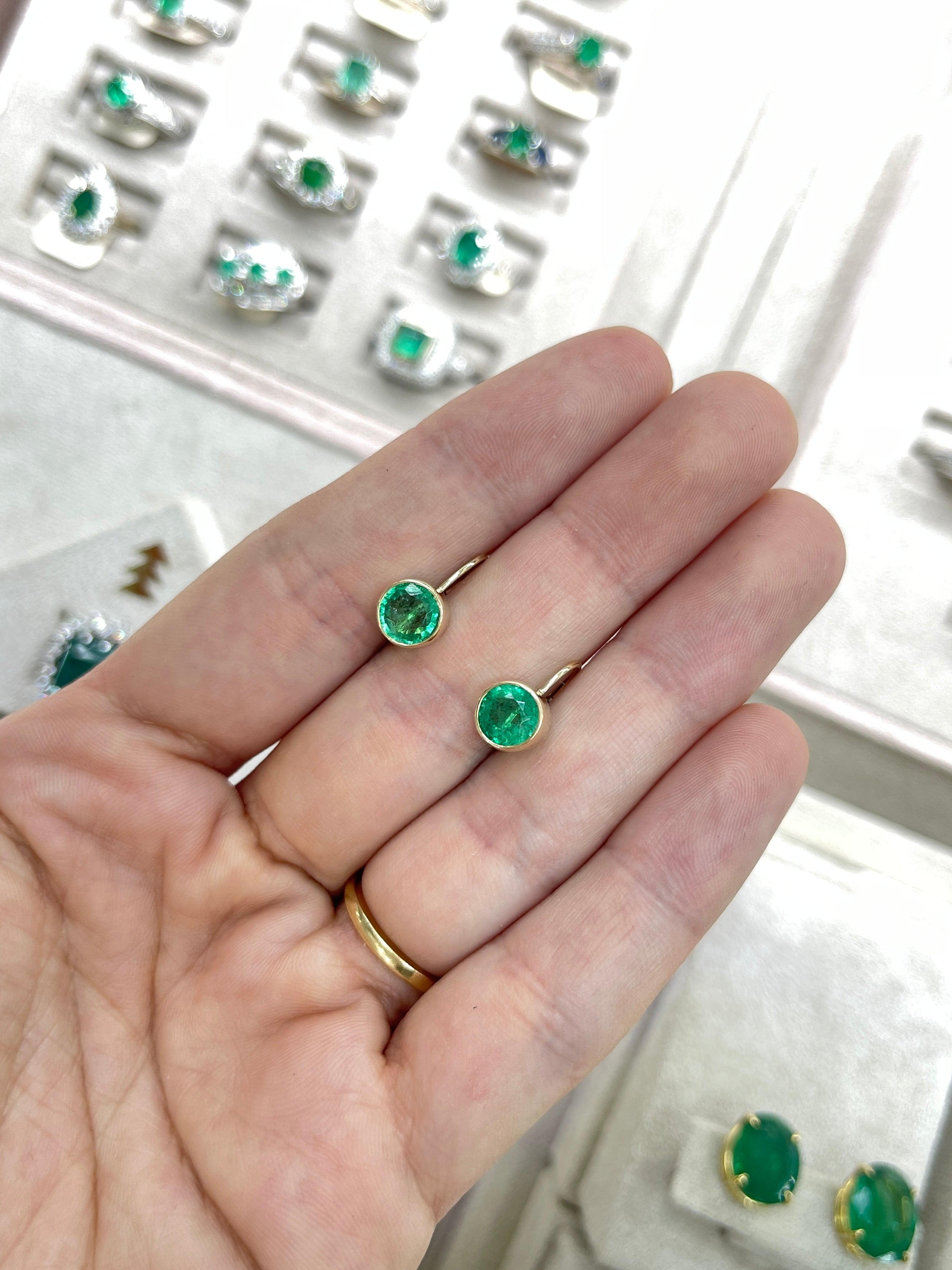 2.30tcw Round Emerald Bezel Leverback Earrings in 14K Gold - Elegant Dangle Earrings for Women, Perfect for Weddings, Parties & Special Occasions