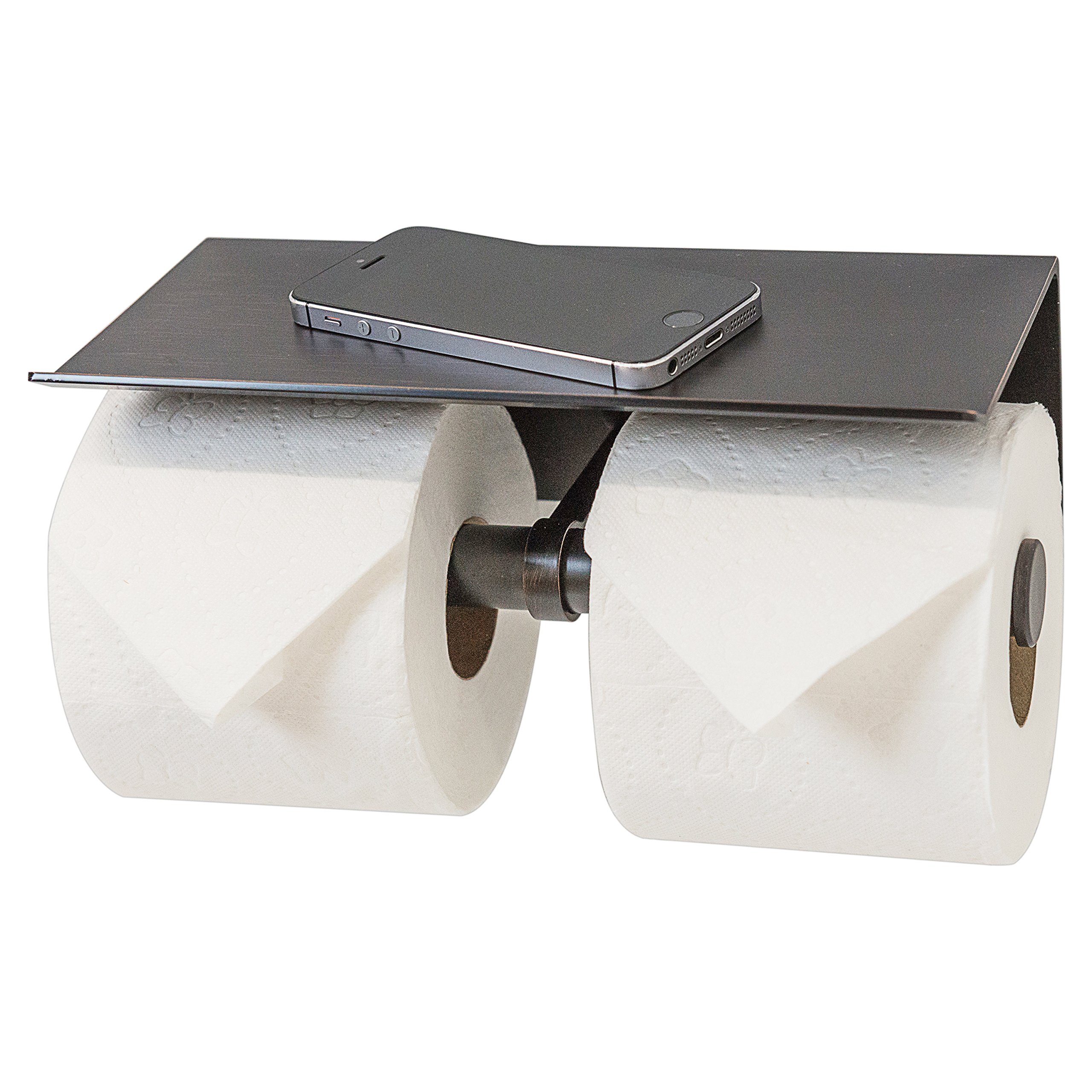 Modern Reversible Toilet Paper Holder with Phone Shelf - Oil Rubbed Bronze Double Roll Bathroom Organizer - Space Saving Design for Small Bathrooms, Powder Rooms & RVs