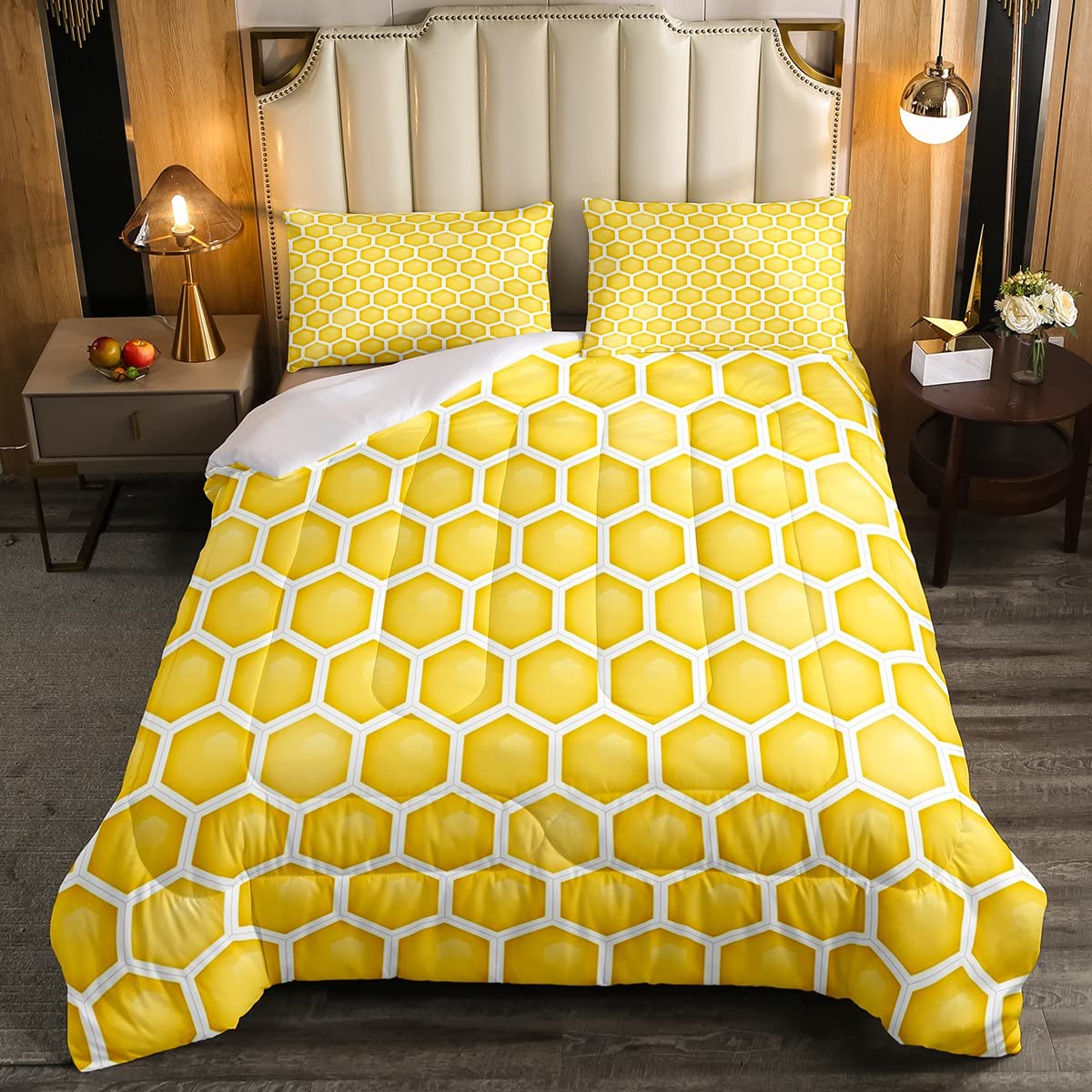 Hexagon Honeycomb Down Comforter Set - Geometric Beehive Bedding for Kids & Teens, Twin Size with 1 Comforter & 1 Pillowcase - Soft Abstract Art Quilt for Boys & Girls Bedroom Decor | Perfect for Nursery, Dorm Room or Cozy Bedroom Makeover