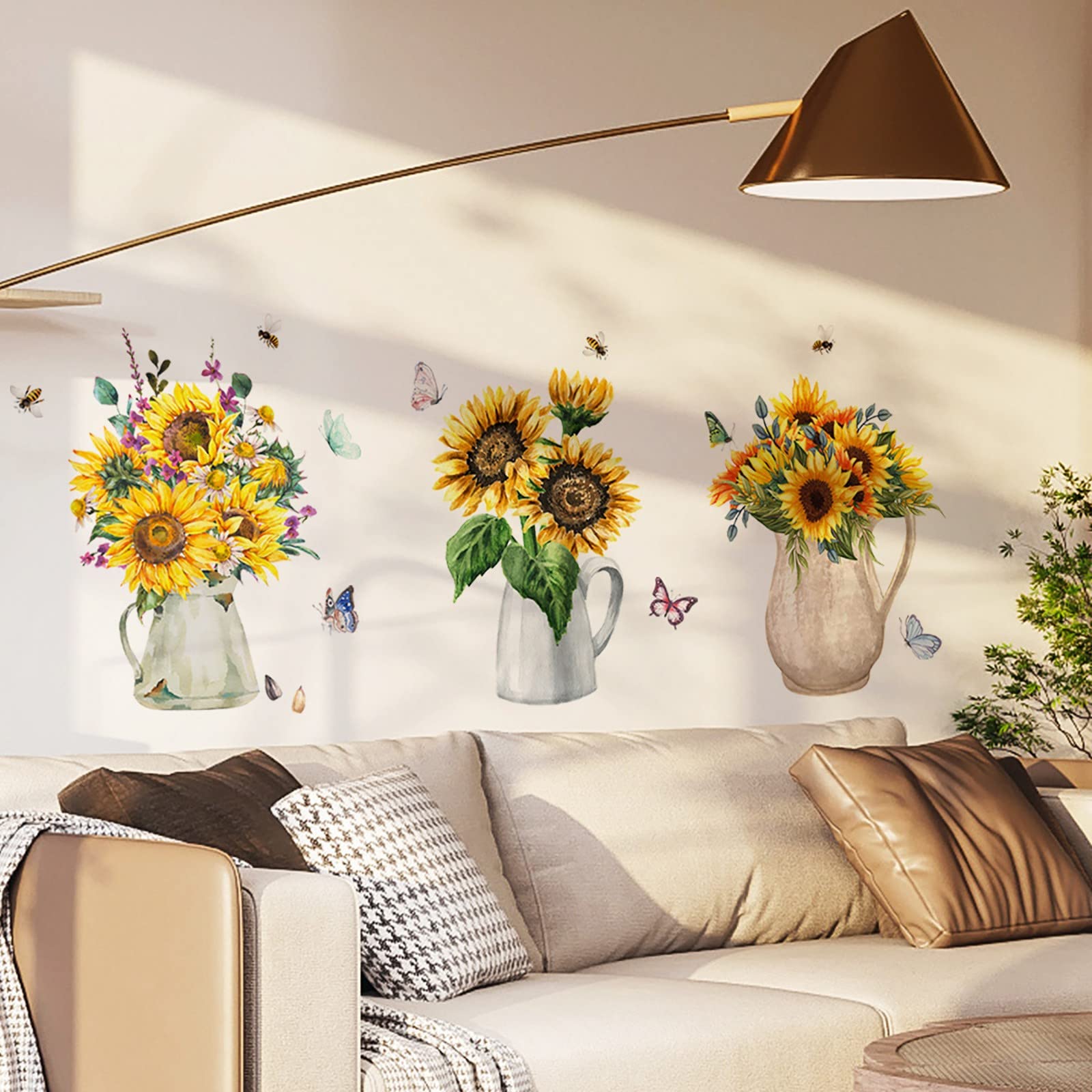 3D Mirror Stars Wall Decor - Sunflower Vase Plants Wall Sticker for Living Room, Bedroom, Kitchen, Nursery | DIY Art Mural & Garden Potted Home Decor | Purple Multicolor Floral Wall Flowers for Bedroom & Office Spaces